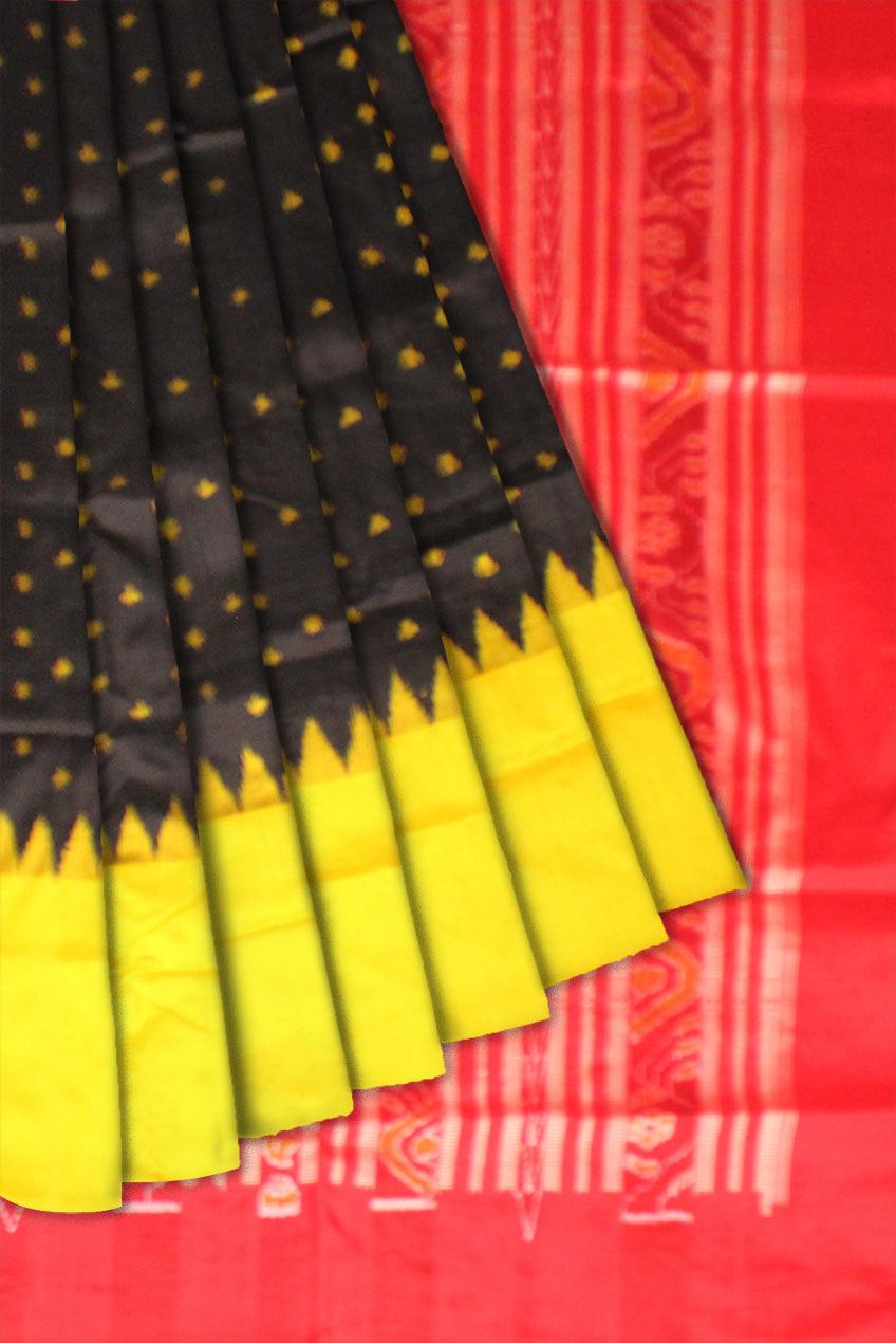 Original Silk Saree in Black color with Yellow dots in Body and Border Yellow and Maroon with blouse piece. - Koshali Arts & Crafts Enterprise