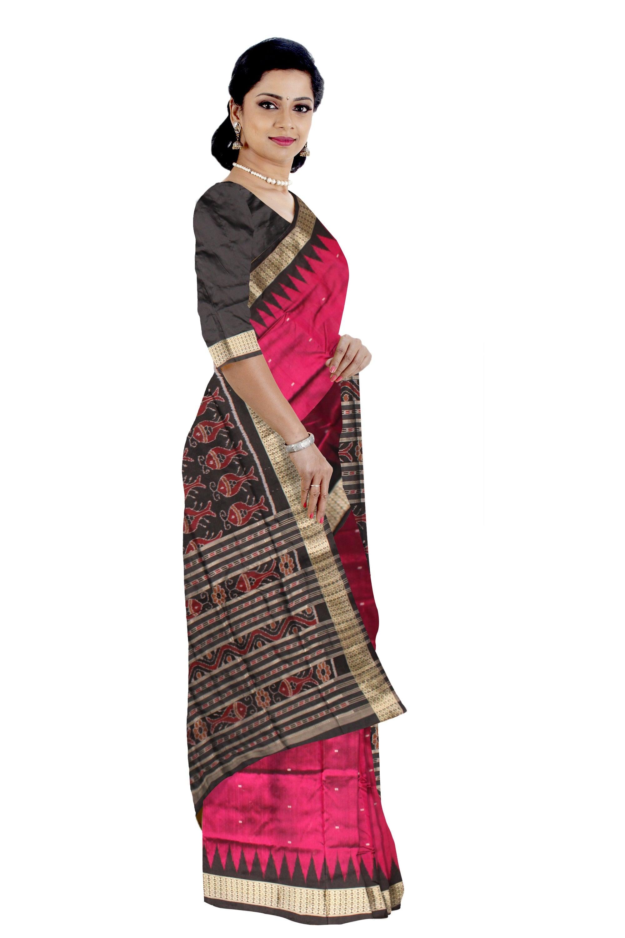 Sambalpuri Pata Saree in Violet Color in plain design with Black Border with blouse piece. - Koshali Arts & Crafts Enterprise