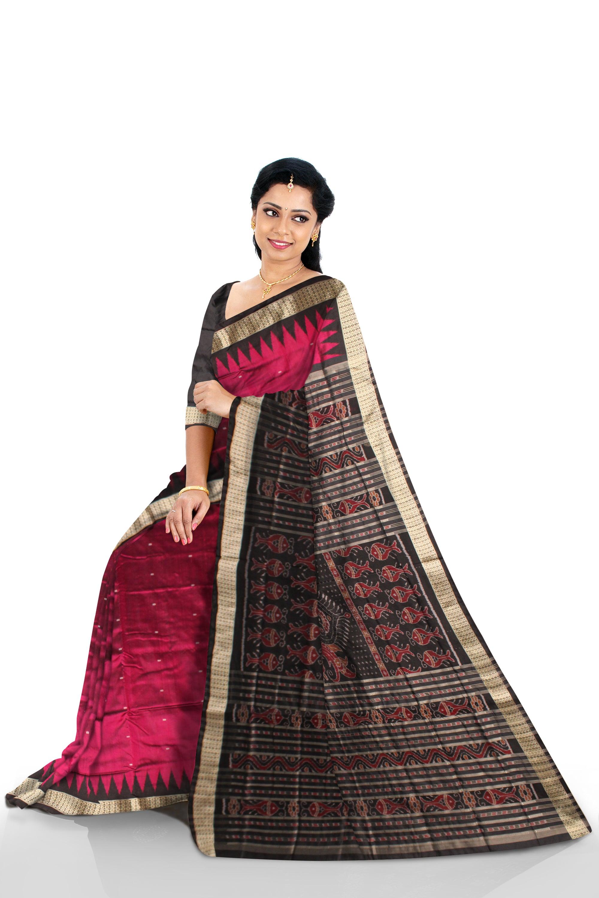 Sambalpuri Pata Saree in Violet Color in plain design with Black Border with blouse piece. - Koshali Arts & Crafts Enterprise