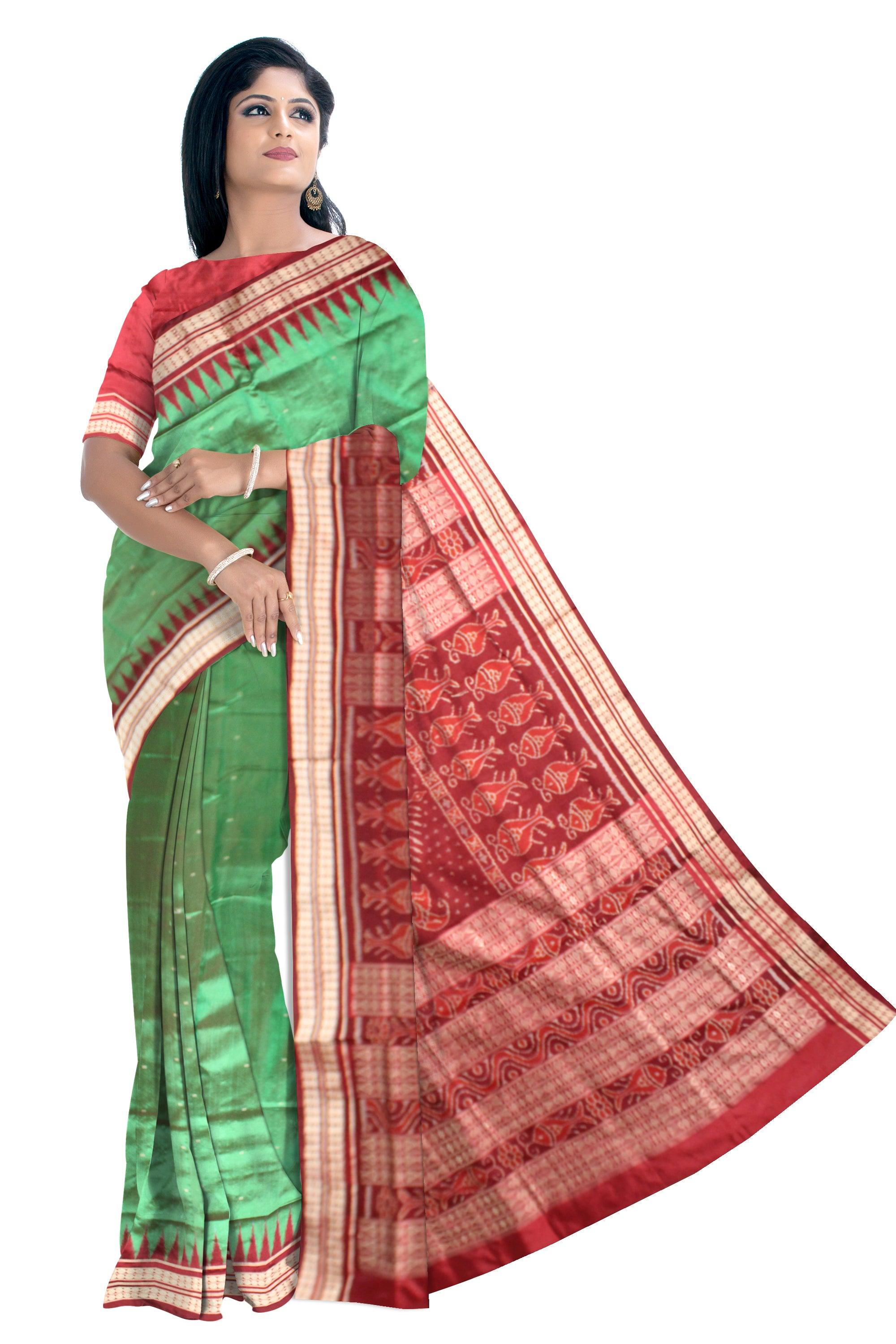 Sambalpuri Pata Saree in Green Color in plain design with Maroon Border with blouse piece. - Koshali Arts & Crafts Enterprise