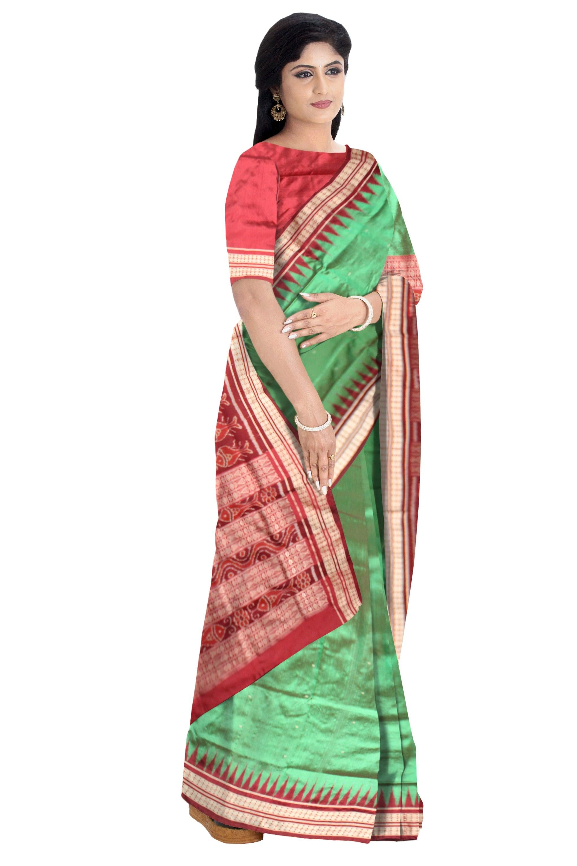 Sambalpuri Pata Saree in Green Color in plain design with Maroon Border with blouse piece. - Koshali Arts & Crafts Enterprise