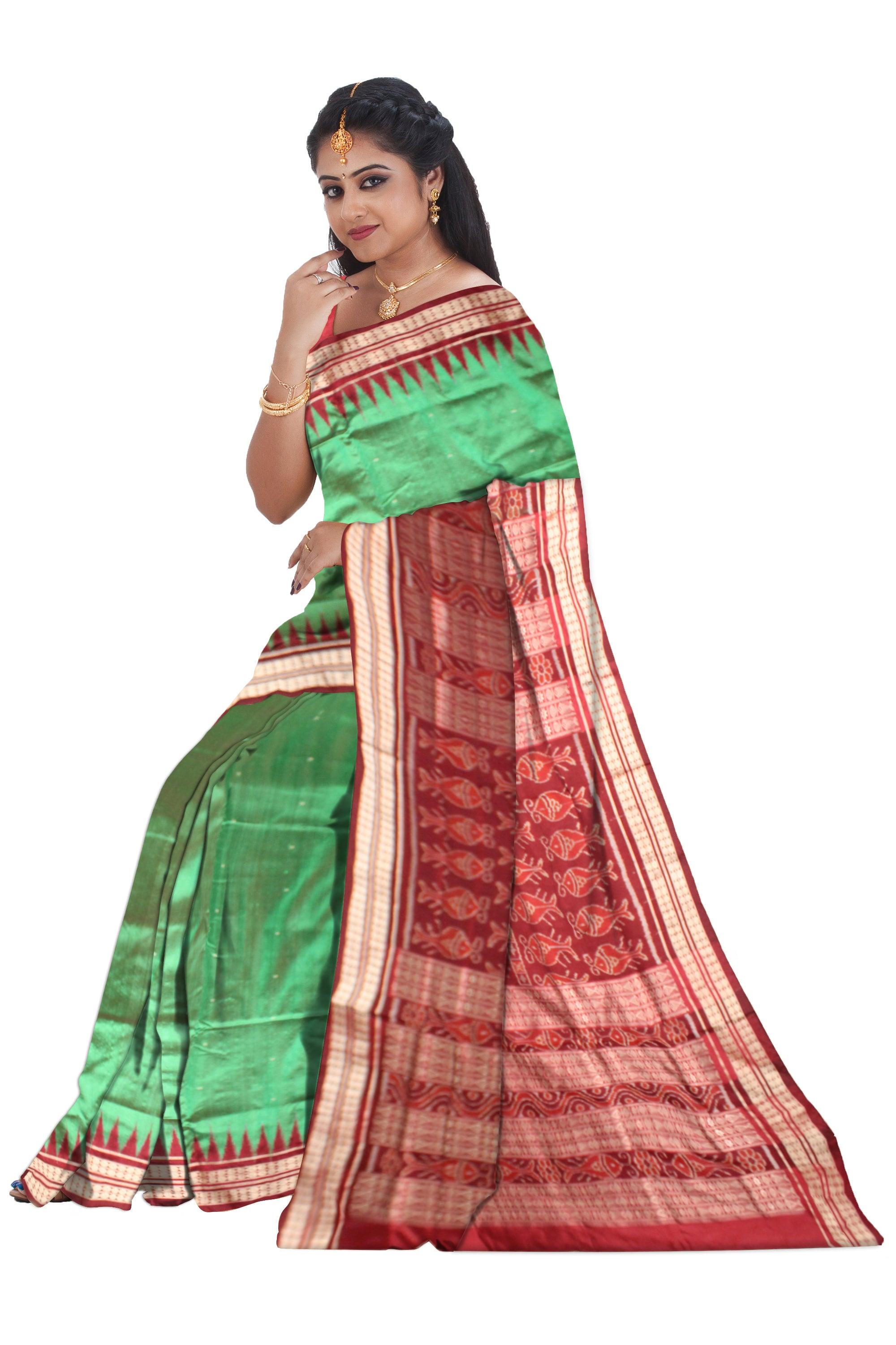 Sambalpuri Pata Saree in Green Color in plain design with Maroon Border with blouse piece. - Koshali Arts & Crafts Enterprise