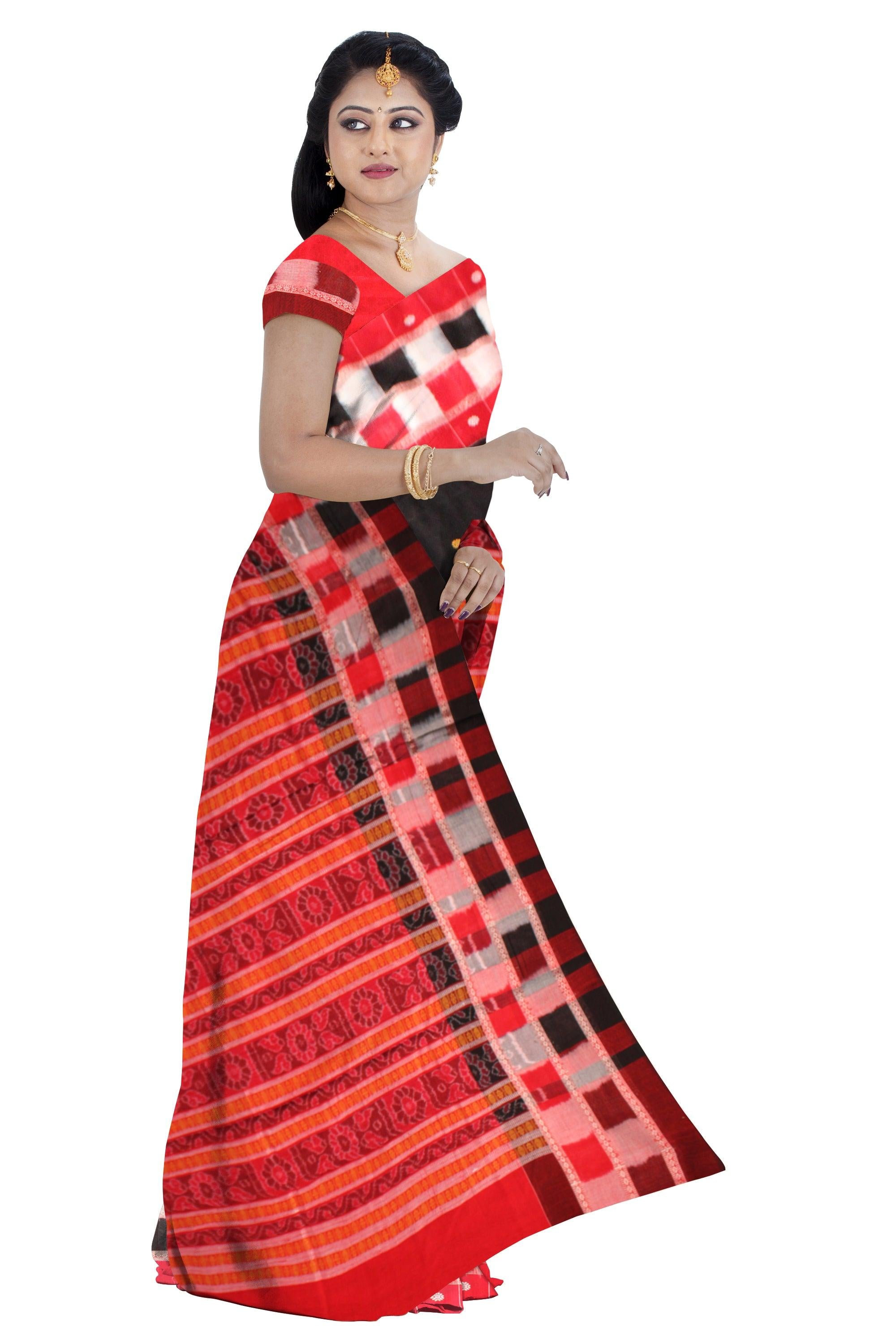 Sambalpuri Saree in Black color body and Red and White Pasapali Border with blouse piece. - Koshali Arts & Crafts Enterprise