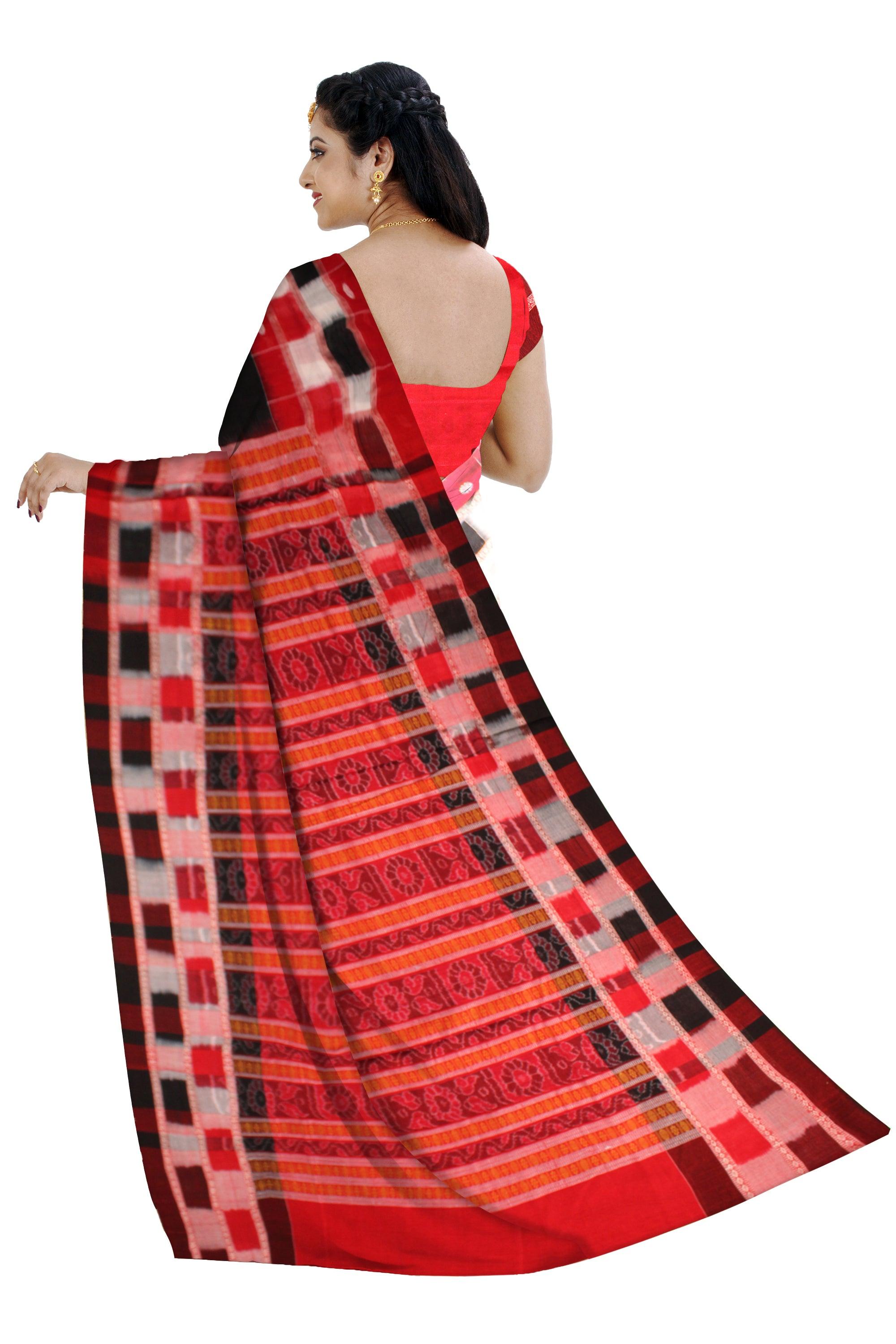 Sambalpuri Saree in Black color body and Red and White Pasapali Border with blouse piece. - Koshali Arts & Crafts Enterprise