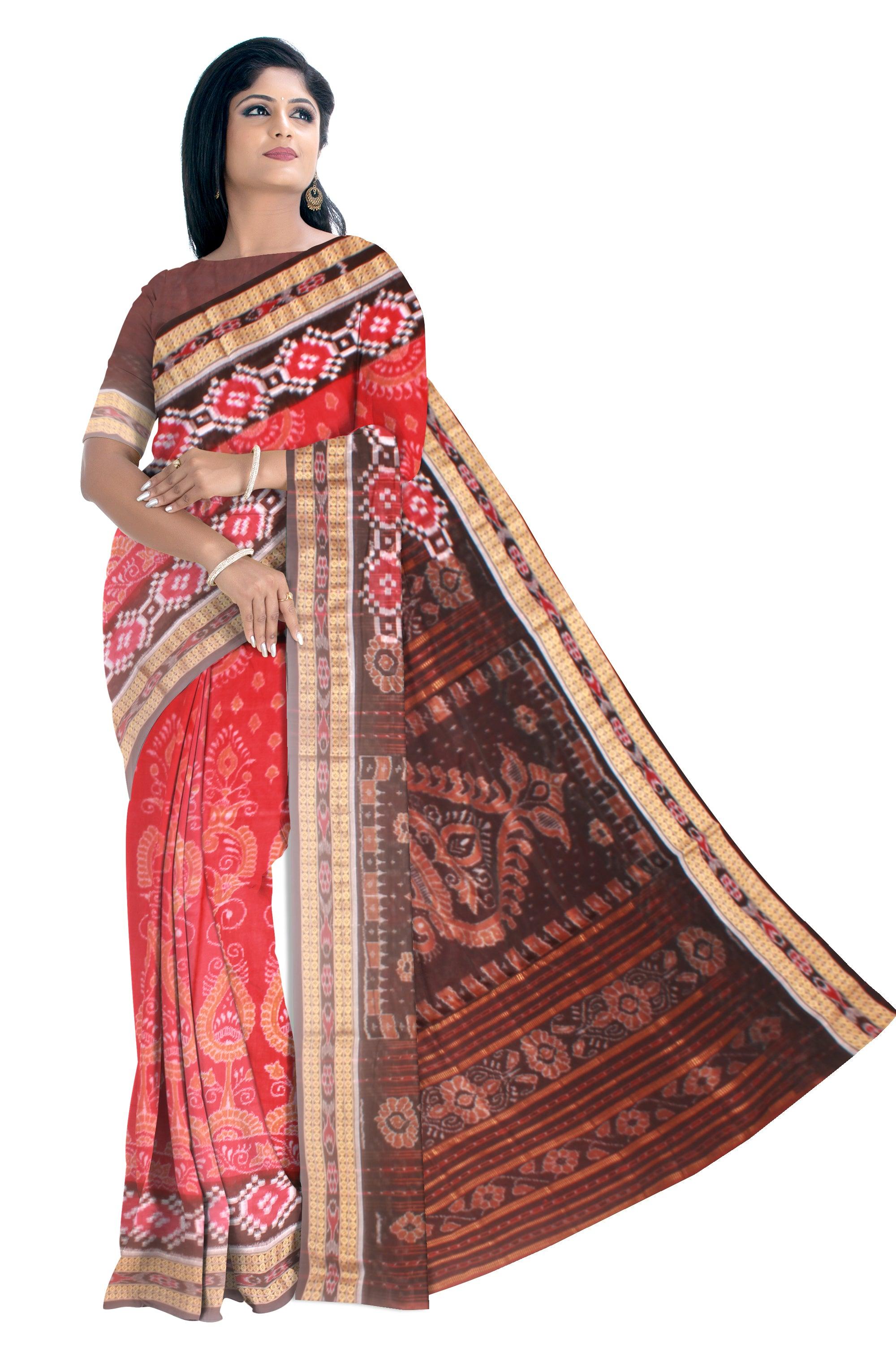 A Samblpuri cotton  saree in Red and Black  colour border with blouse piece. - Koshali Arts & Crafts Enterprise