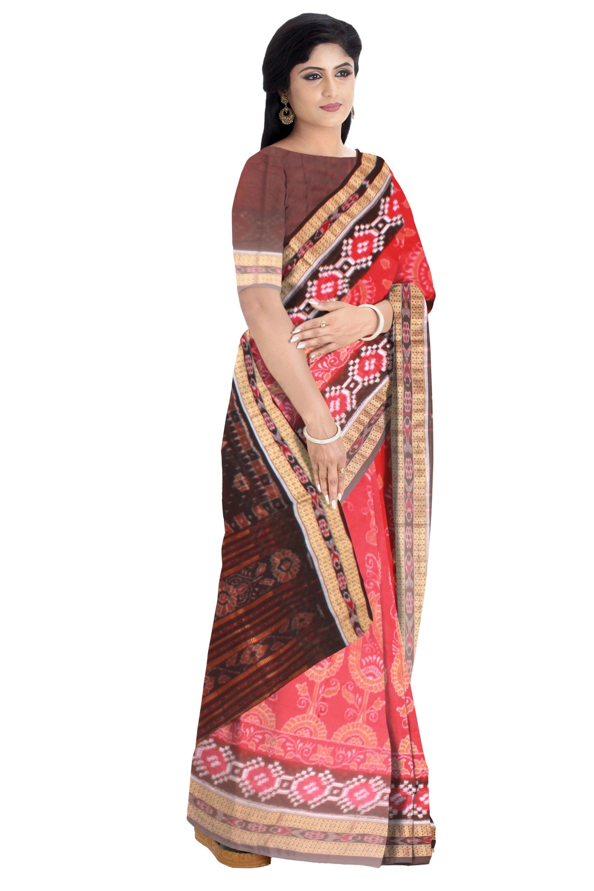 A Samblpuri cotton  saree in Red and Black  colour border with blouse piece. - Koshali Arts & Crafts Enterprise