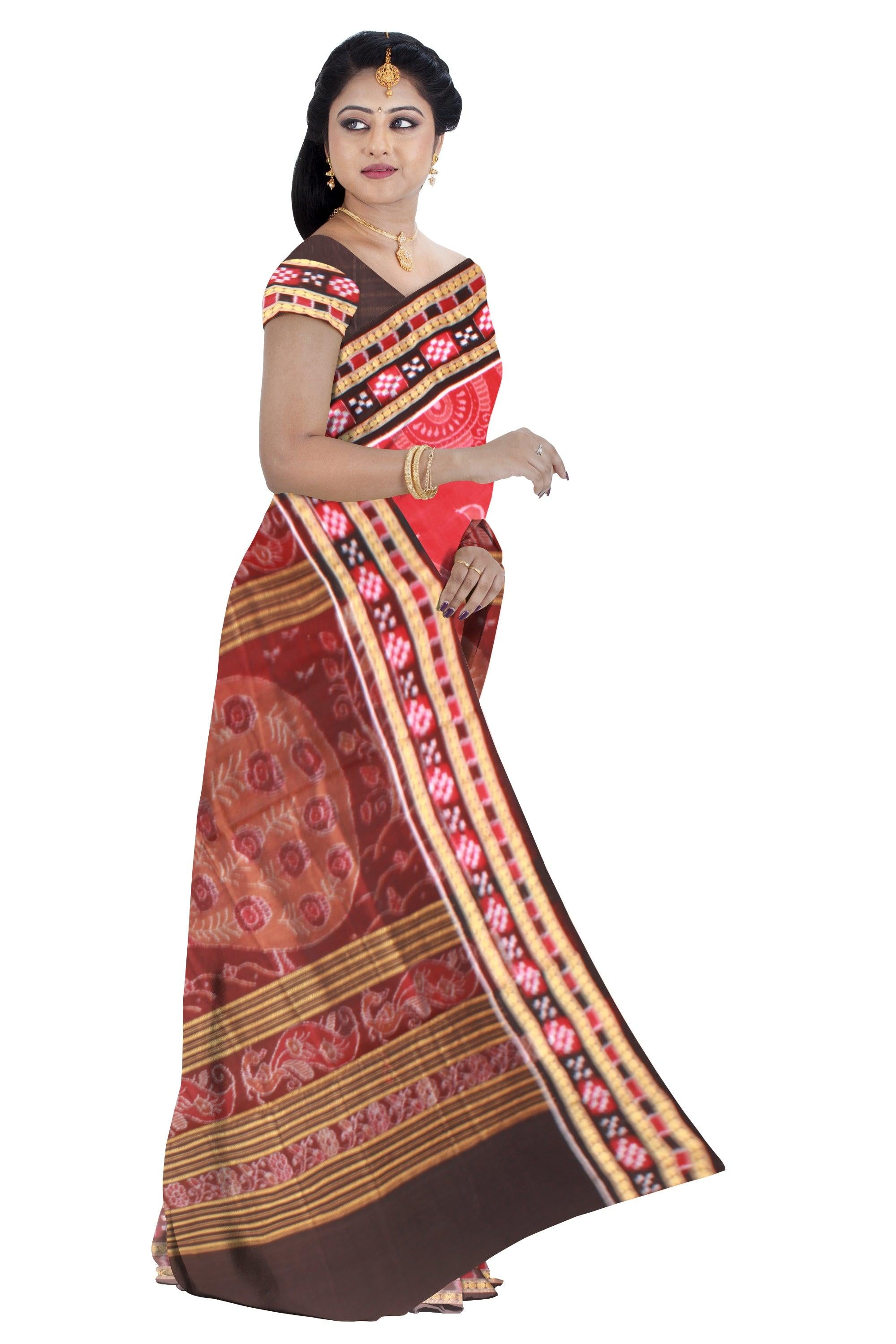 A Samblpuri cotton  saree in Red and Black  colour border with blouse piece. - Koshali Arts & Crafts Enterprise