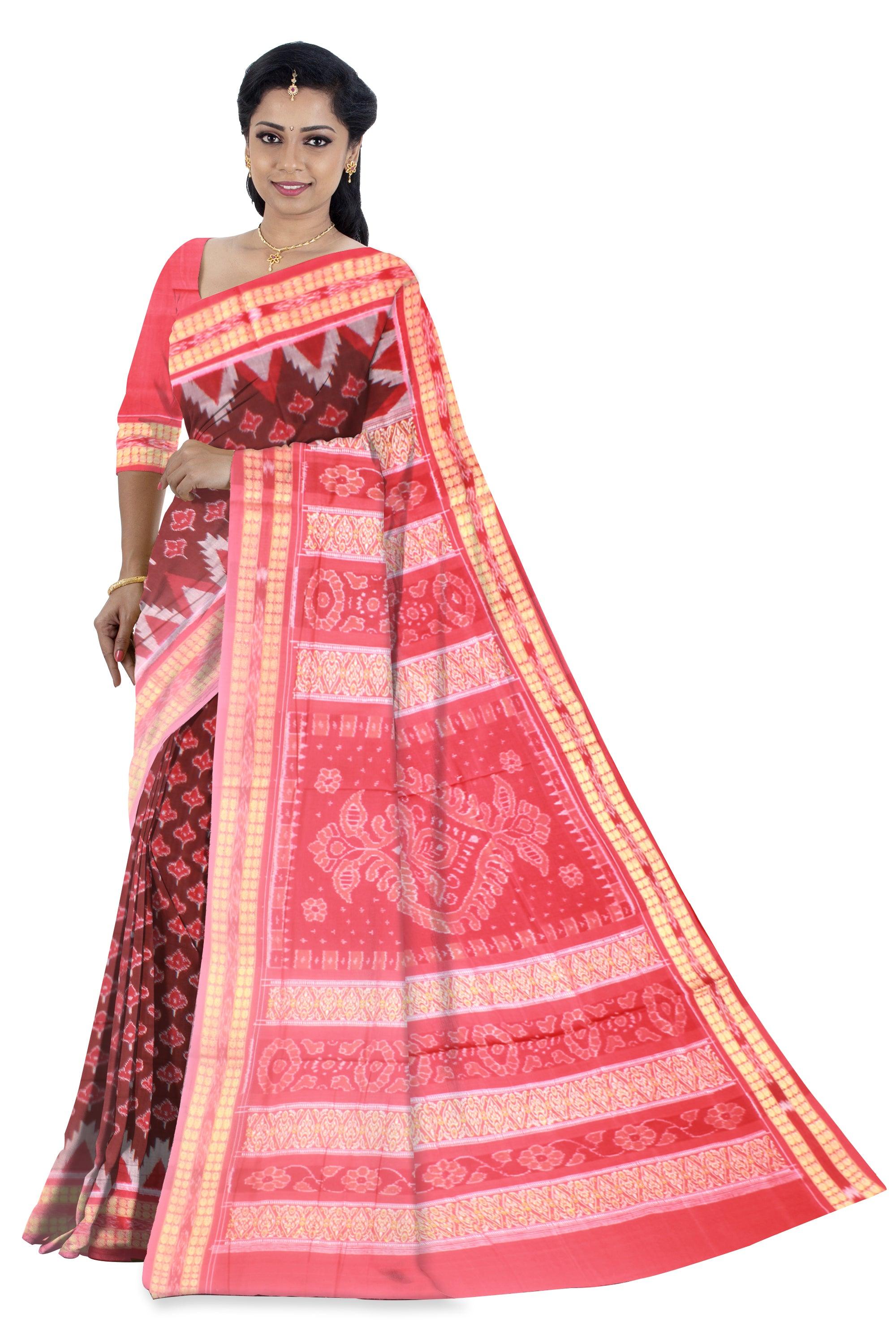 Sambalpuri Cotton Saree in Coffee Color in leaf design with Red Border with blouse piece. - Koshali Arts & Crafts Enterprise