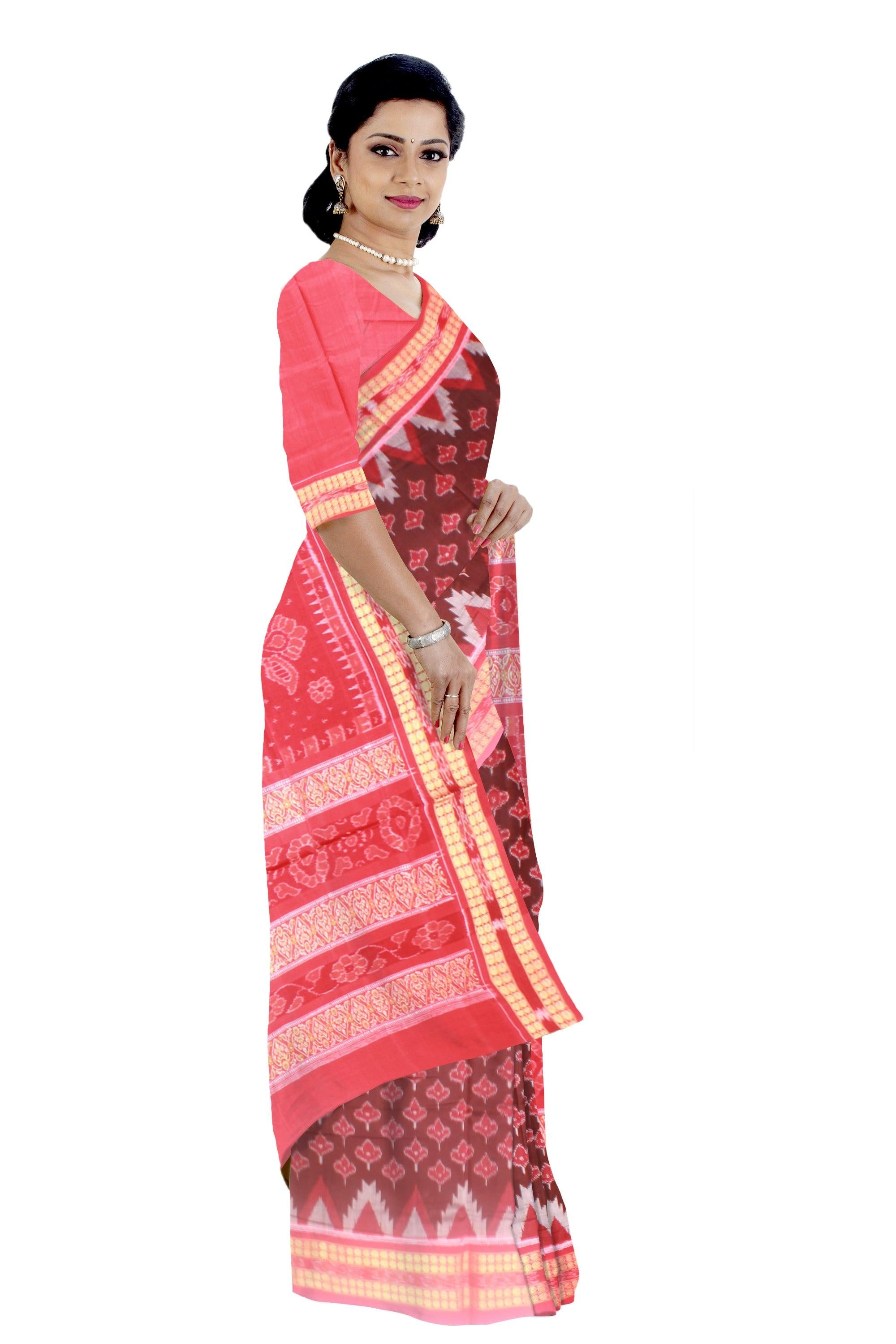 Sambalpuri Cotton Saree in Coffee Color in leaf design with Red Border with blouse piece. - Koshali Arts & Crafts Enterprise