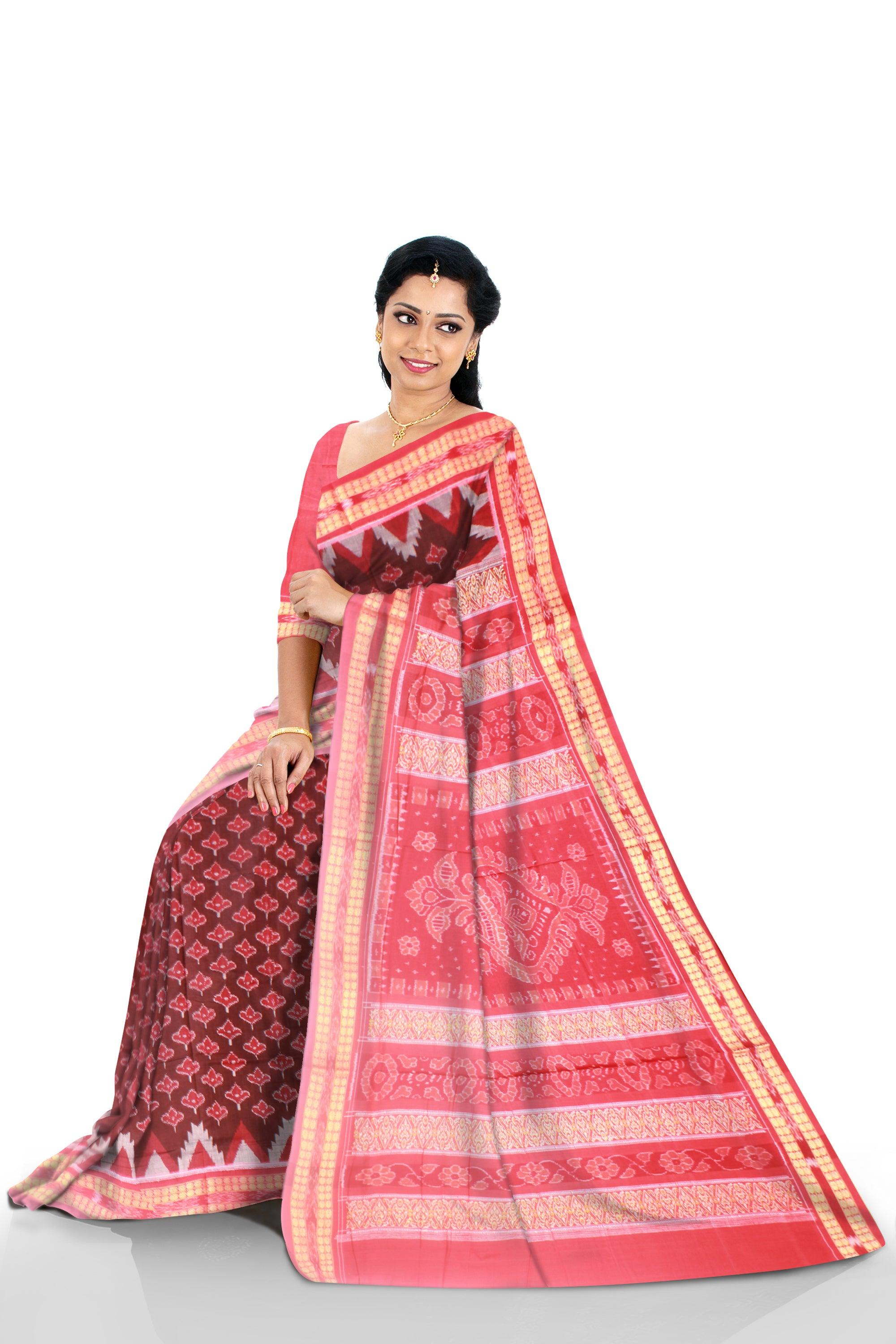 Sambalpuri Cotton Saree in Coffee Color in leaf design with Red Border with blouse piece. - Koshali Arts & Crafts Enterprise