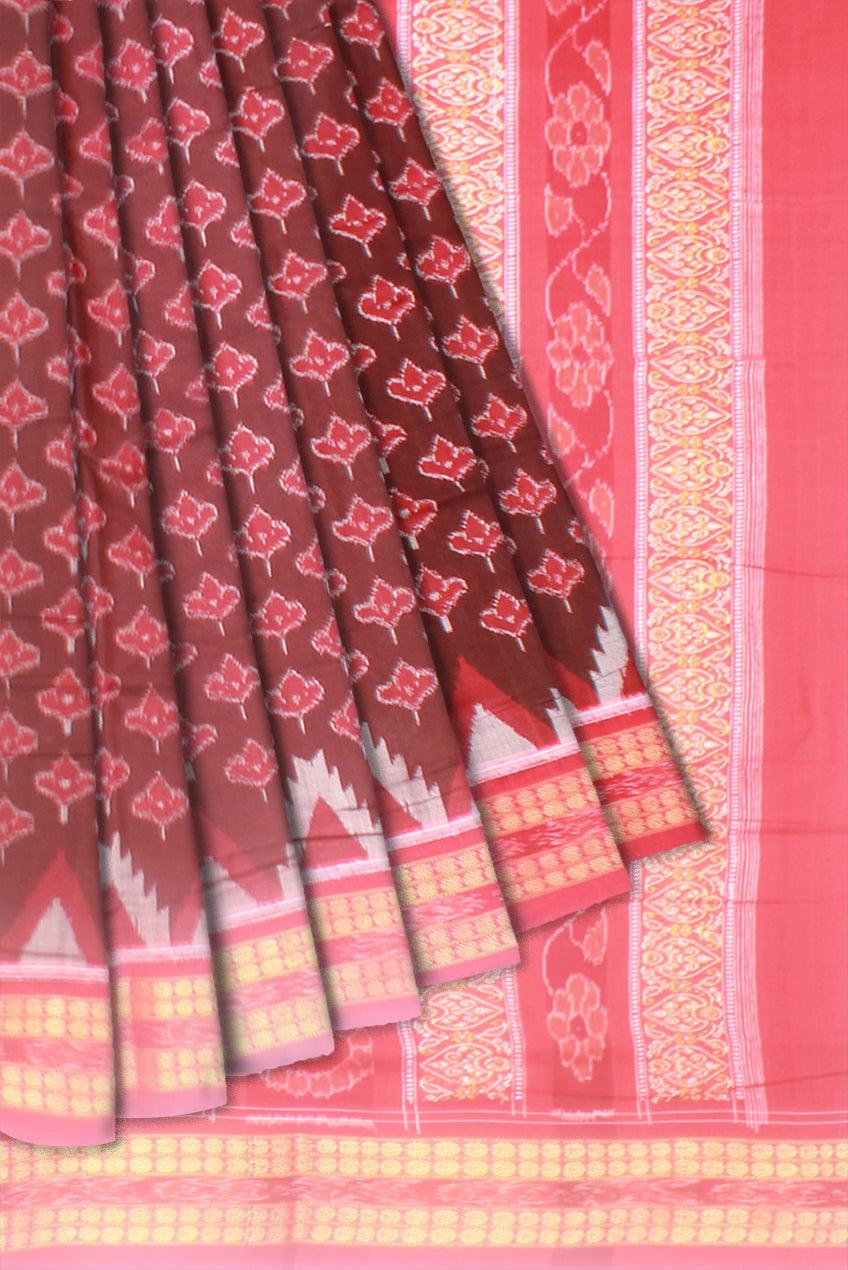 Sambalpuri Cotton Saree in Coffee Color in leaf design with Red Border with blouse piece. - Koshali Arts & Crafts Enterprise