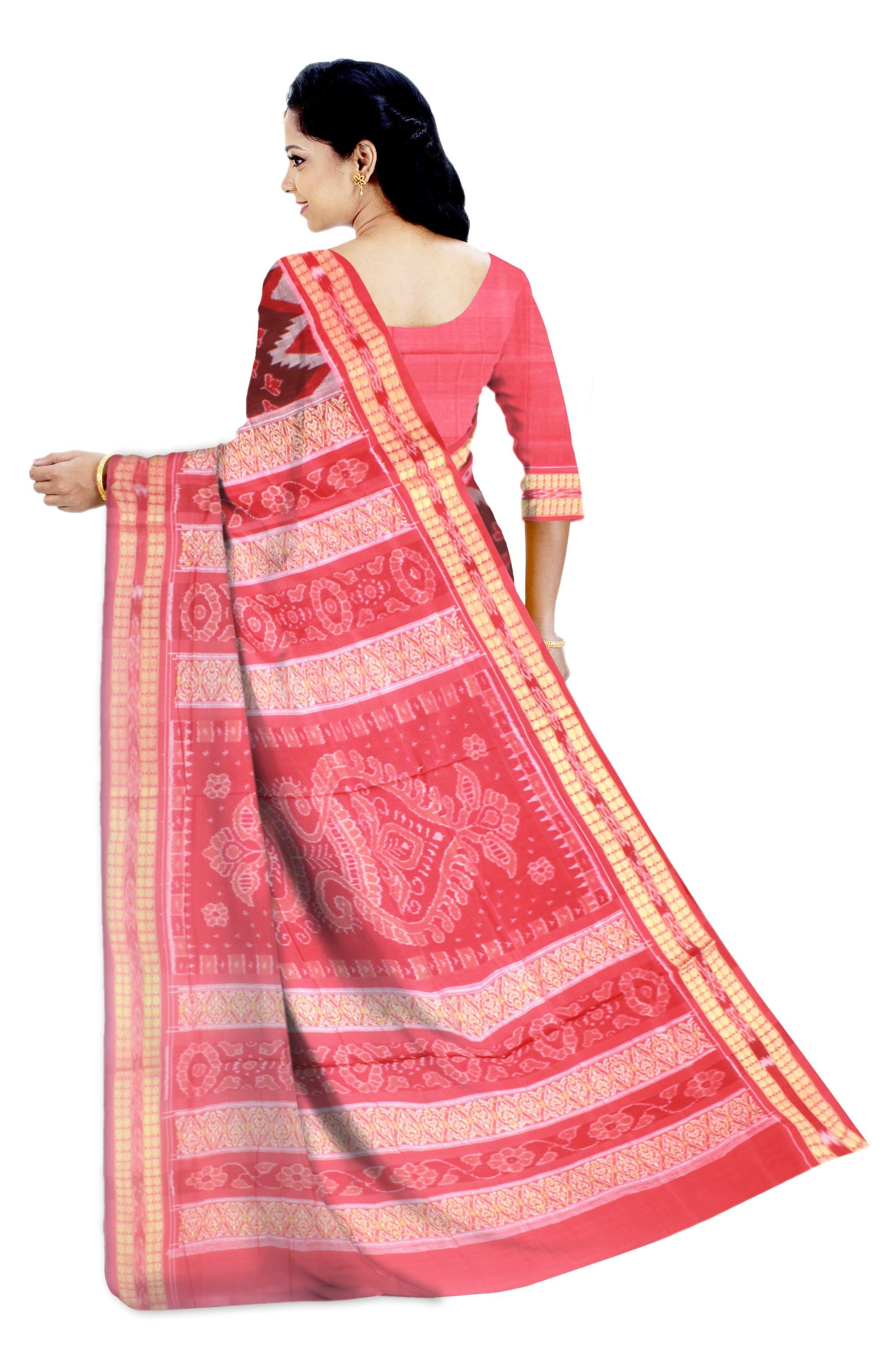 Sambalpuri Cotton Saree in Coffee Color in leaf design with Red Border with blouse piece. - Koshali Arts & Crafts Enterprise