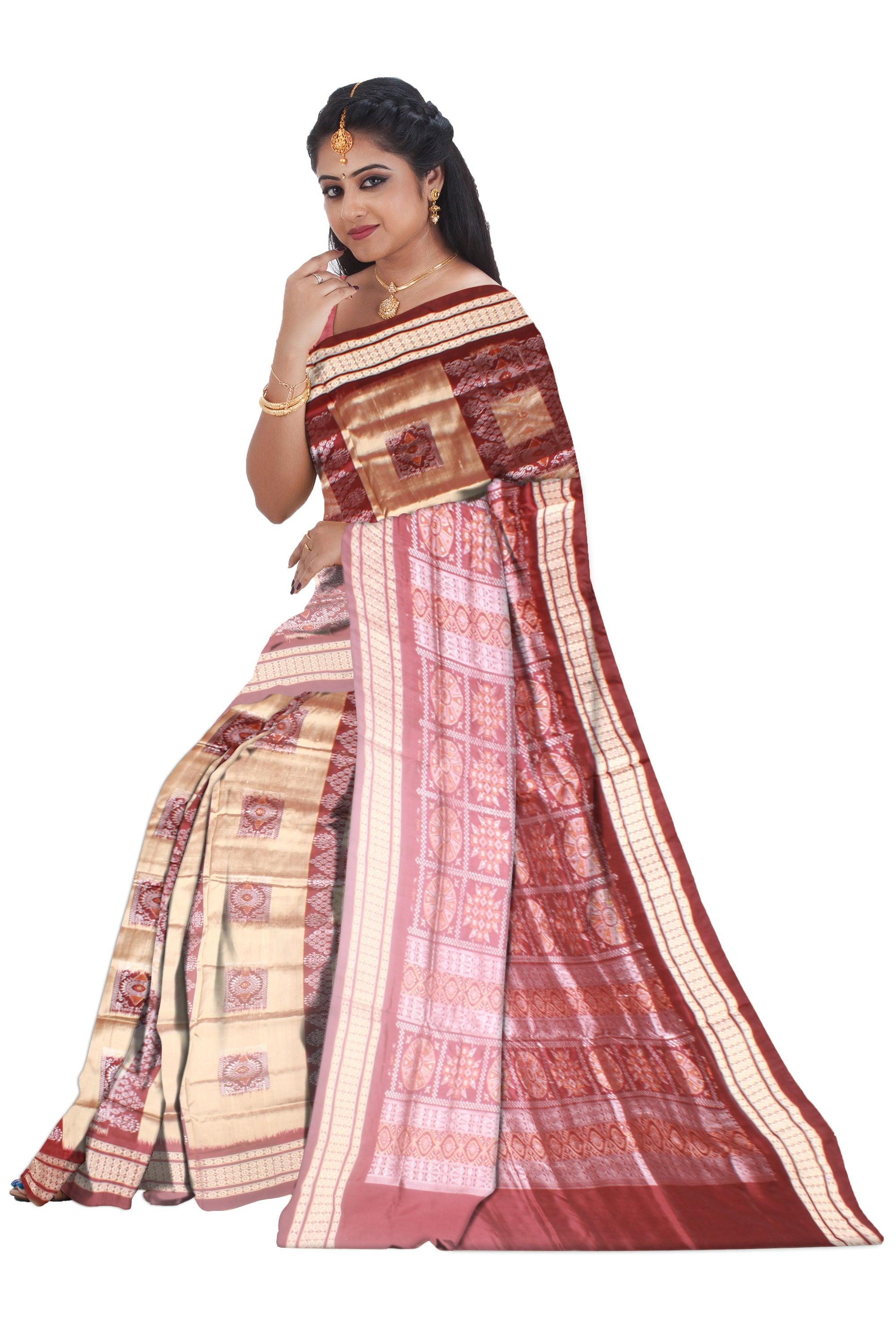Sambalpuri Pata Saree in Gray and Maroon color pallu Pasapali Design with blouse piece. - Koshali Arts & Crafts Enterprise