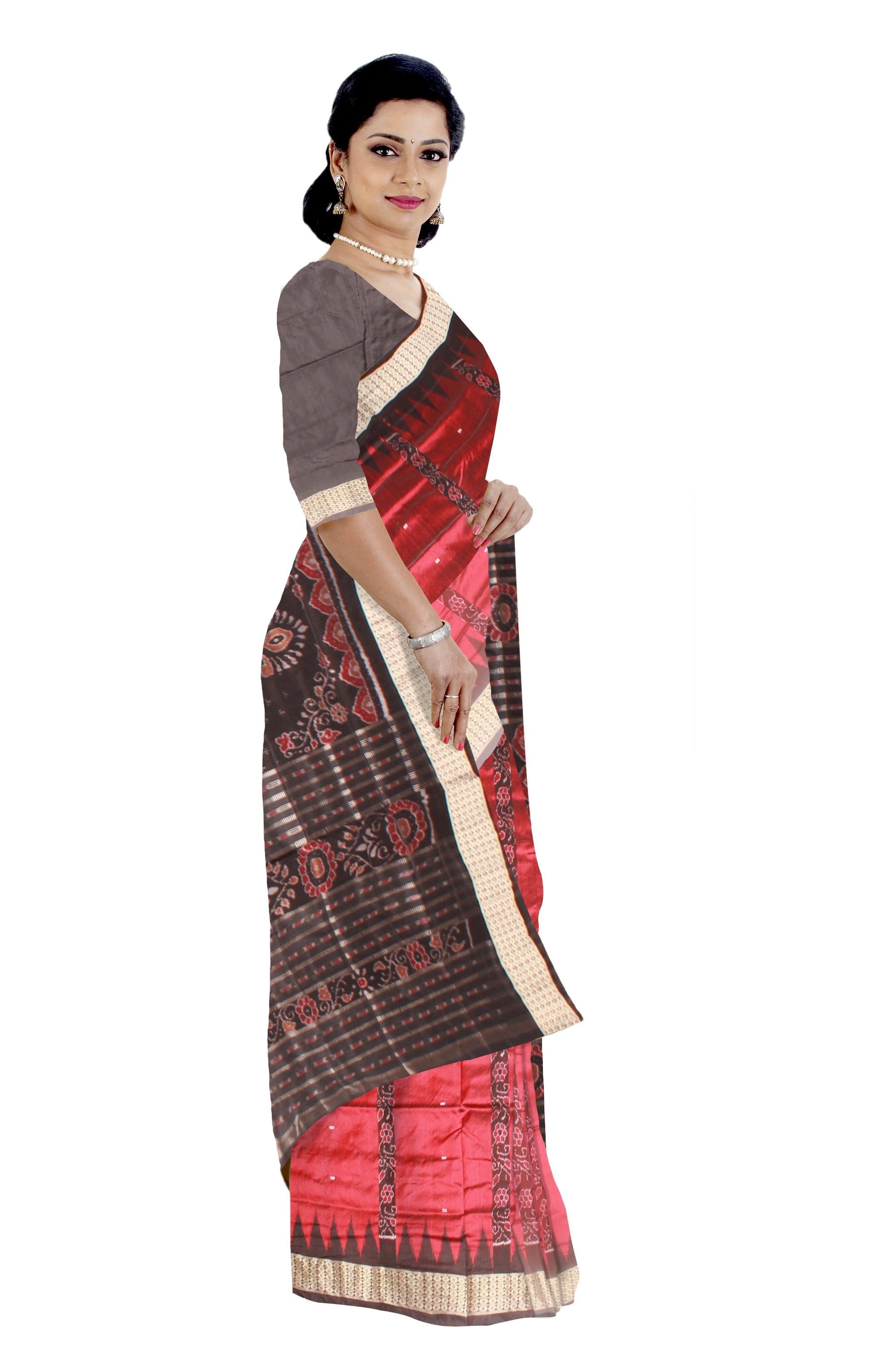 Sambalpuri Pata Saree in Maroon  and Black Color with plain  booty  design with blouse piece. - Koshali Arts & Crafts Enterprise