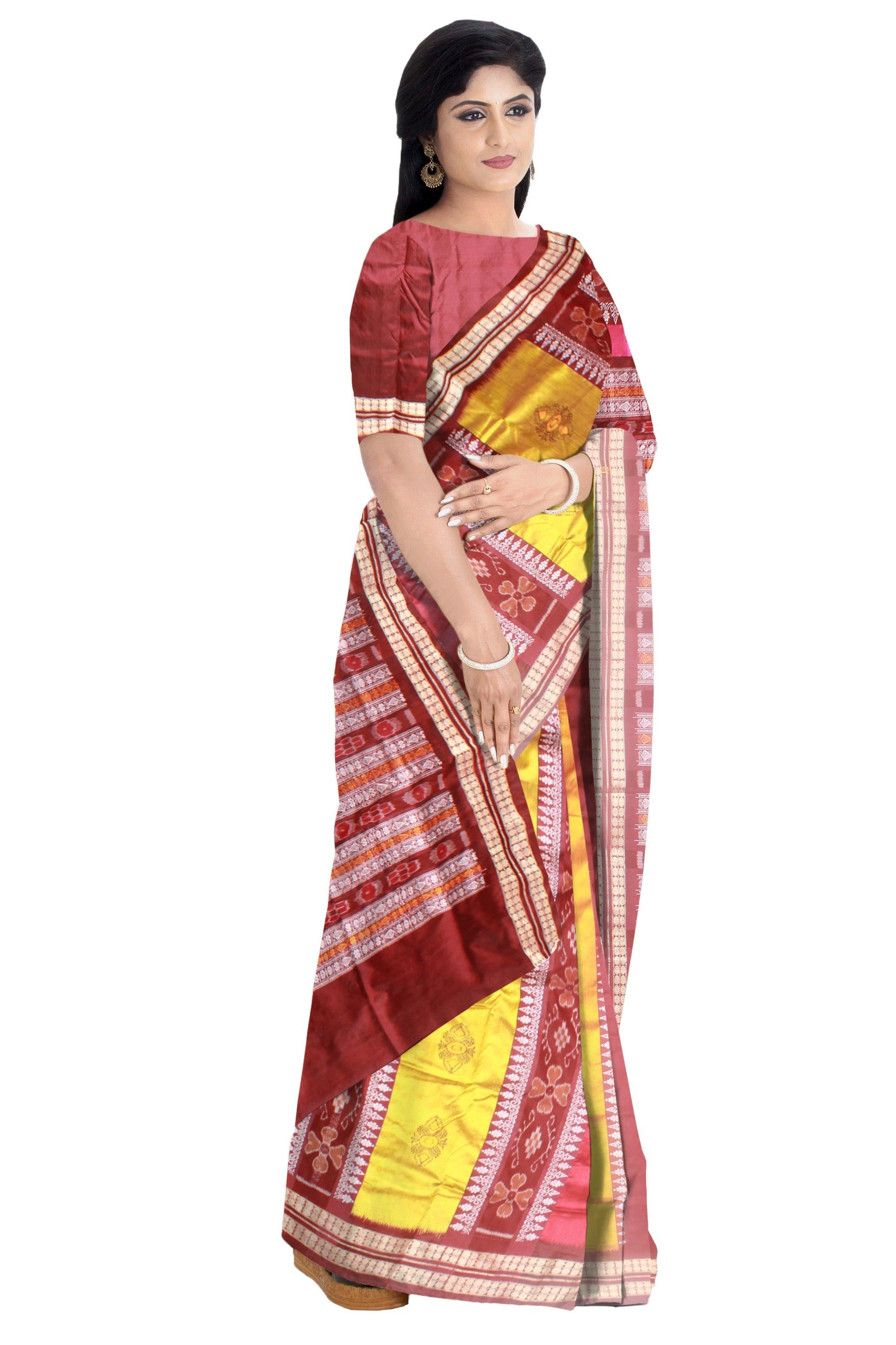 Latest Patli design Sambalpuri pata  Saree in   Maroon Yellow and Pink colour with blouse piece. - Koshali Arts & Crafts Enterprise