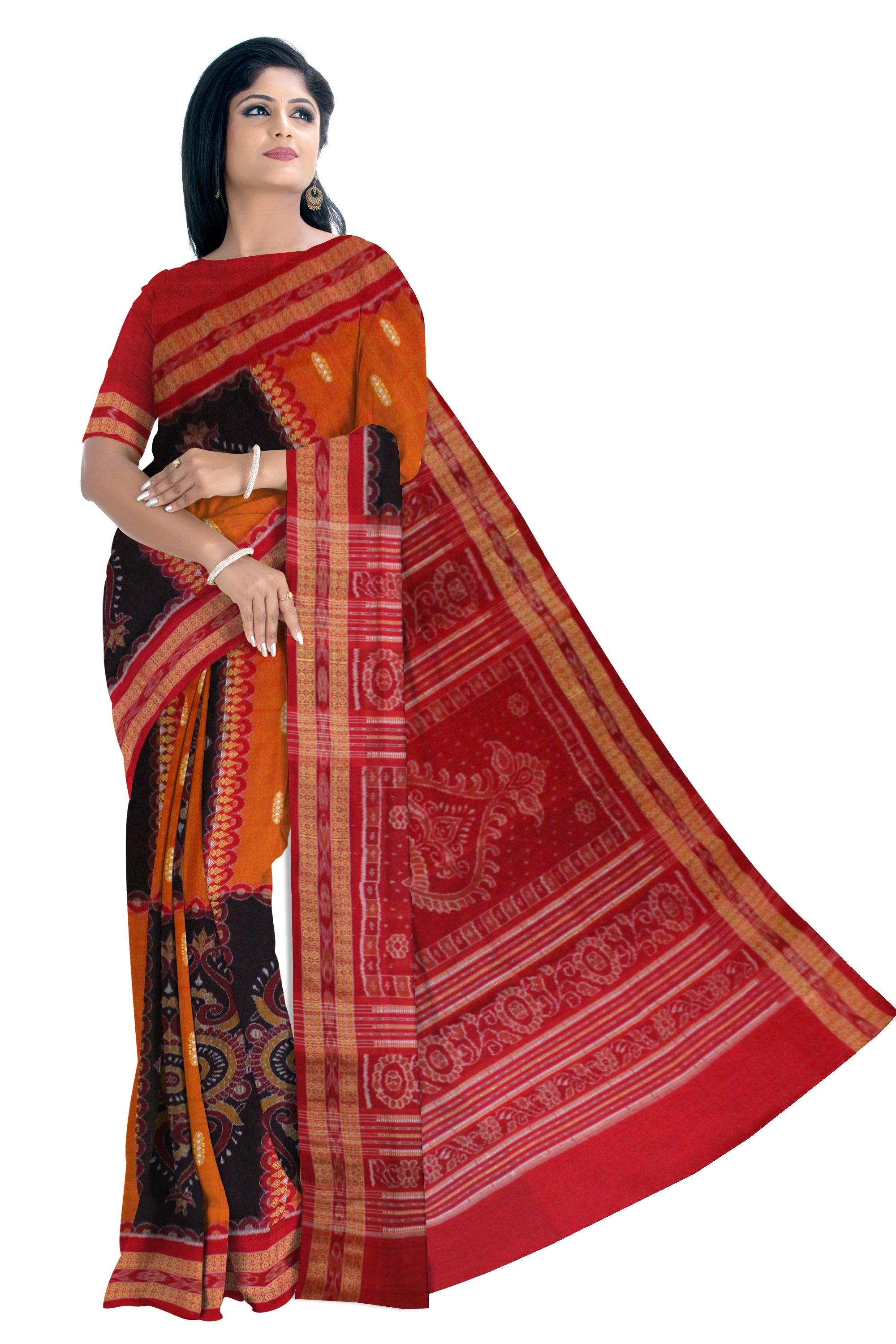 Latest Sambalpuri saree Bomkai Design in Orange and Black Colour - Koshali Arts & Crafts Enterprise