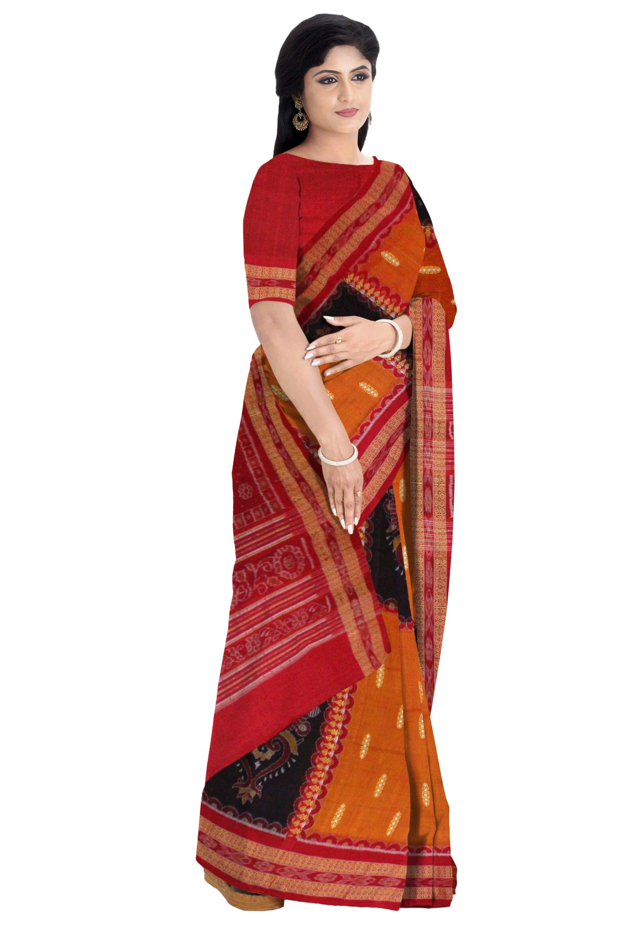 Latest Sambalpuri saree Bomkai Design in Orange and Black Colour - Koshali Arts & Crafts Enterprise