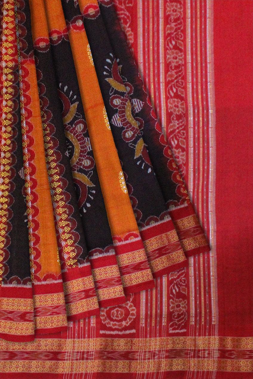 Latest Sambalpuri saree Bomkai Design in Orange and Black Colour - Koshali Arts & Crafts Enterprise