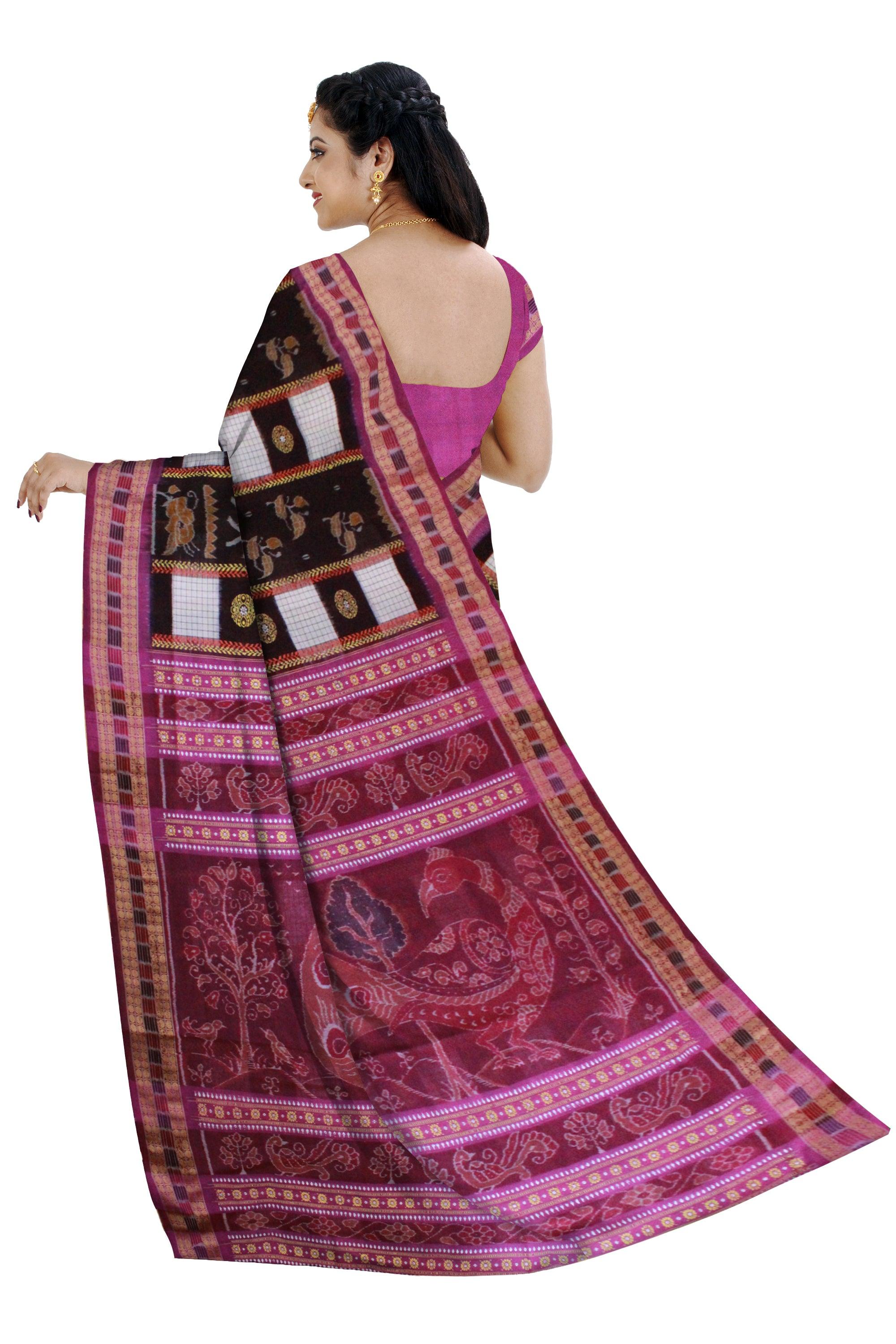 Box pattern Sambalpuri saree Bomkai Design in Coffee and White Colour - Koshali Arts & Crafts Enterprise