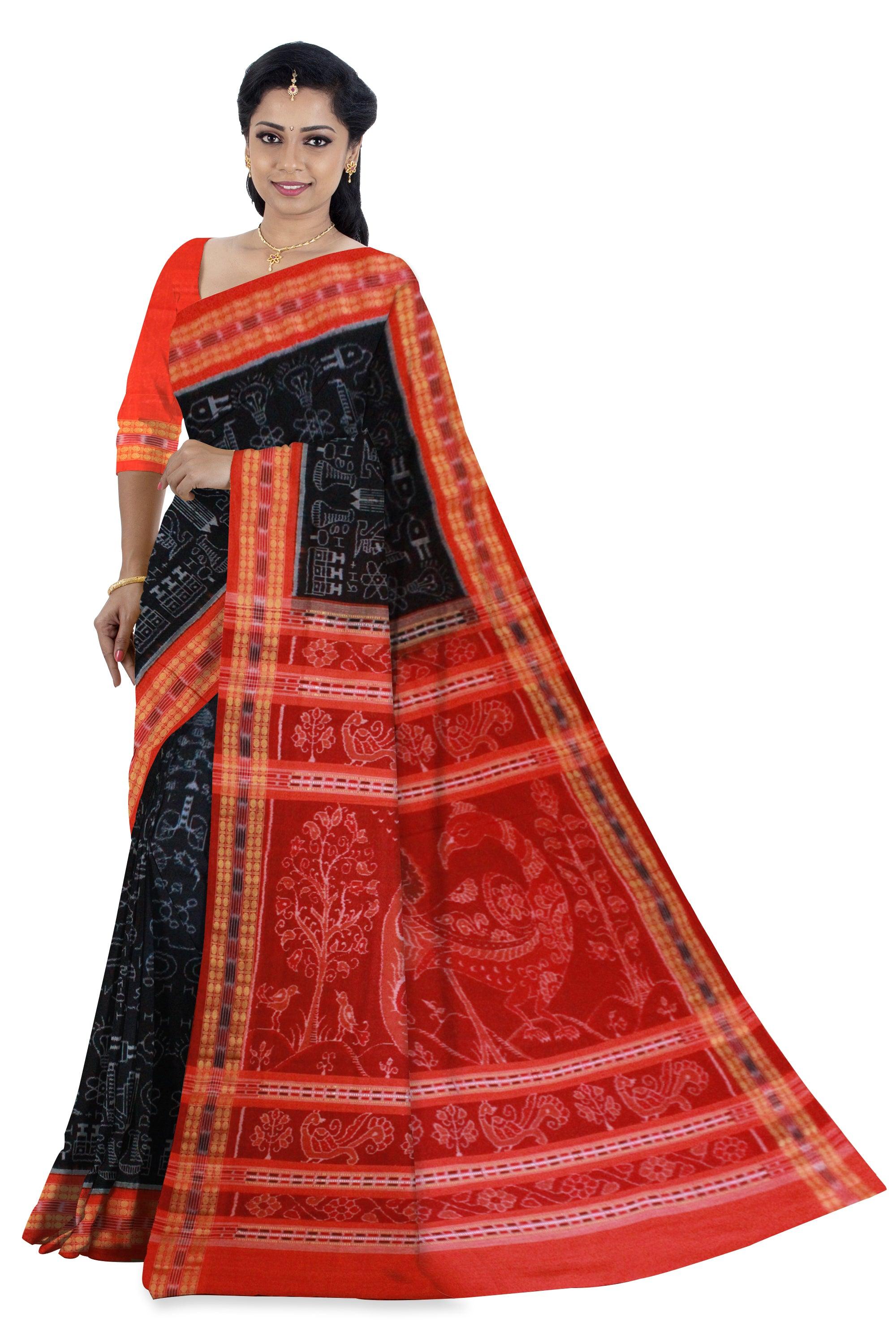 Biology design Sambalpuri Saree in Black colour - Koshali Arts & Crafts Enterprise