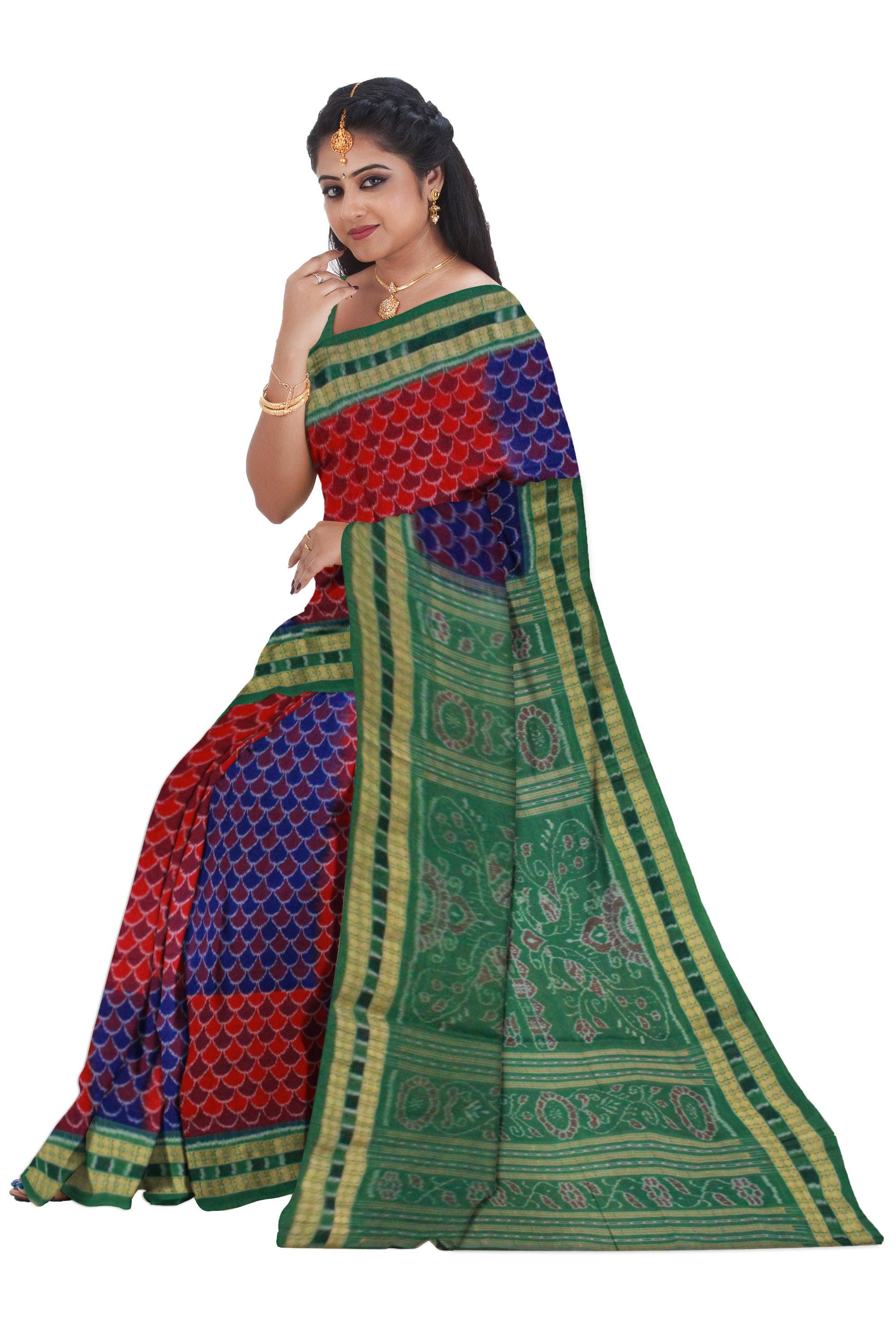 Paper Bandha Sambalpuri saree Bomkai Design in Blue and Maroon Colour - Koshali Arts & Crafts Enterprise