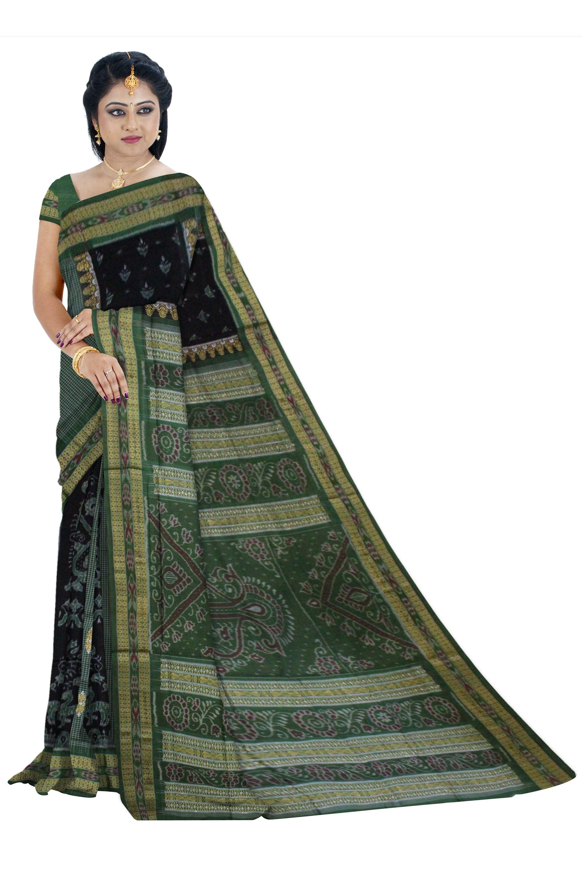 Paper Bandha Sambalpuri saree Bomkai Design in Green and Black Colour - Koshali Arts & Crafts Enterprise