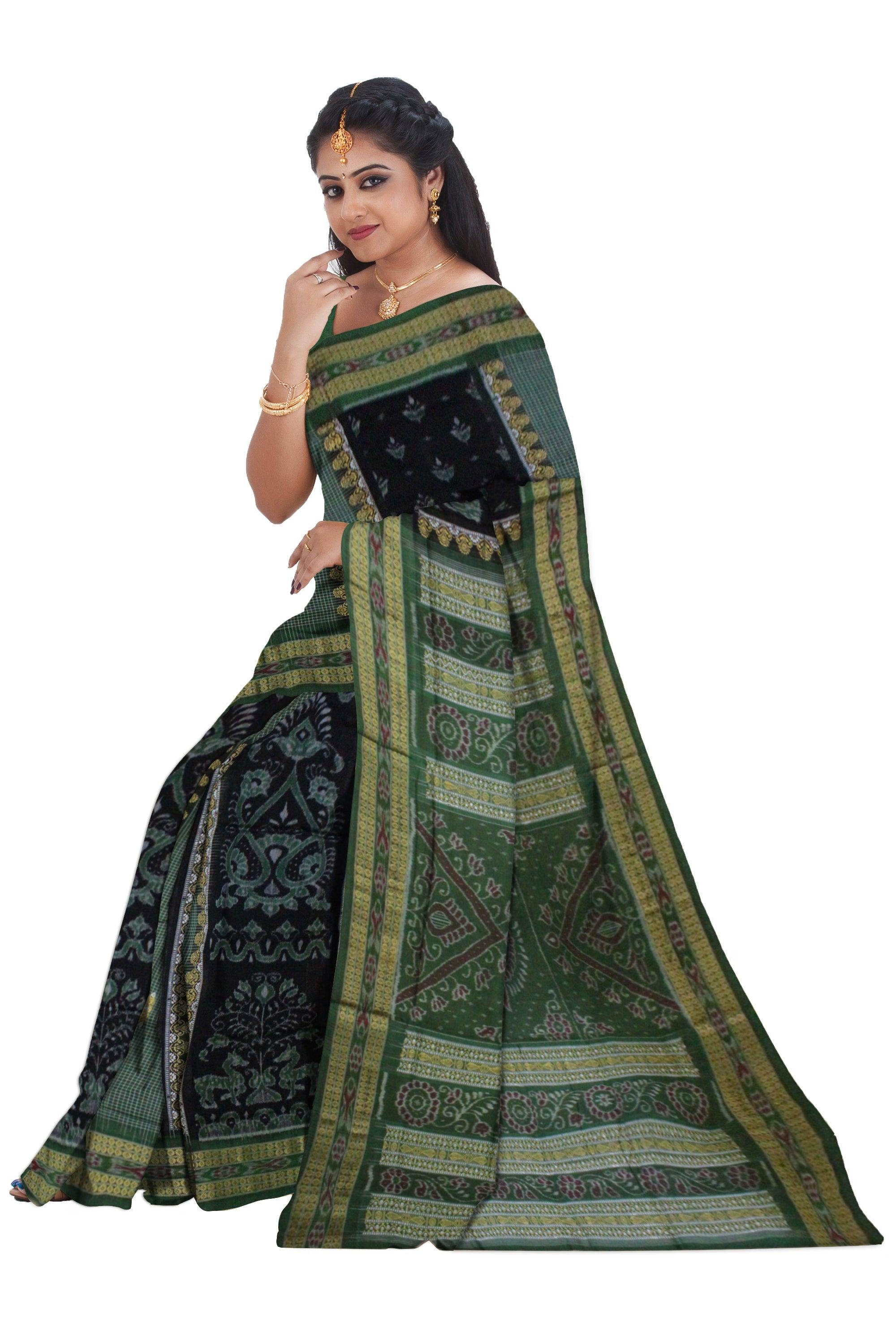 Paper Bandha Sambalpuri saree Bomkai Design in Green and Black Colour - Koshali Arts & Crafts Enterprise