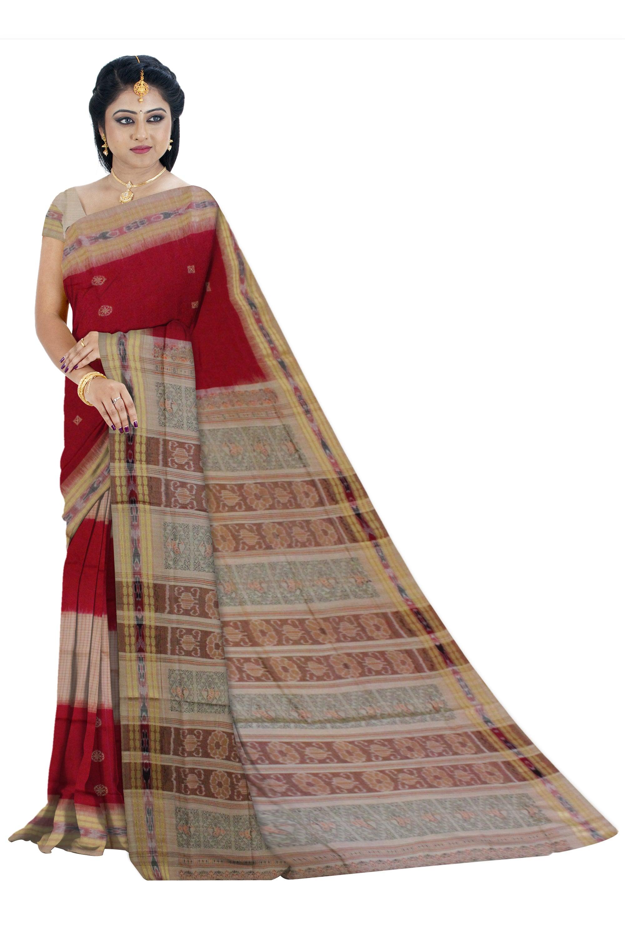Booty  pattern Sambalpuri saree Bomkai Design in Maroon and Cream Colour - Koshali Arts & Crafts Enterprise