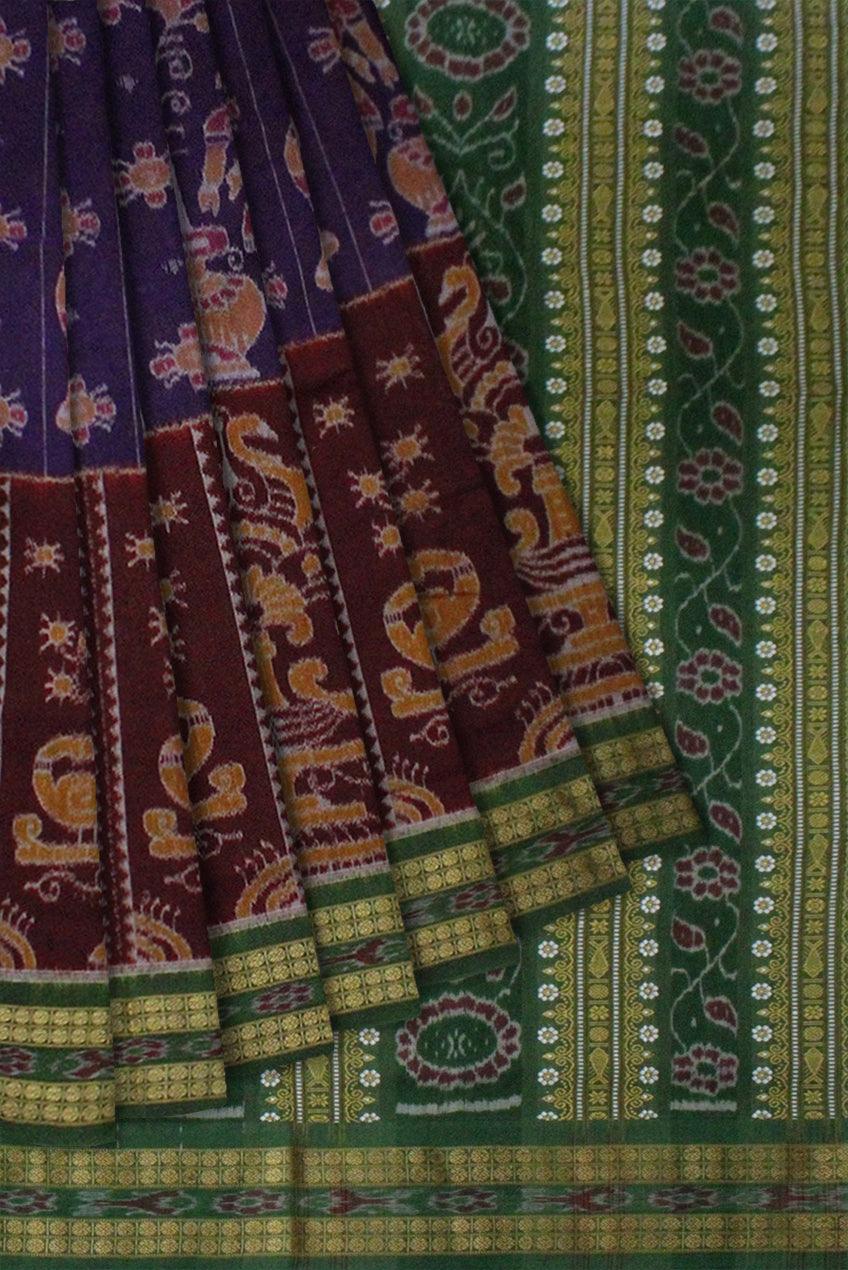 Nartaki design Sambalpuri cotton saree  in dark Maroon and Blue color. - Koshali Arts & Crafts Enterprise