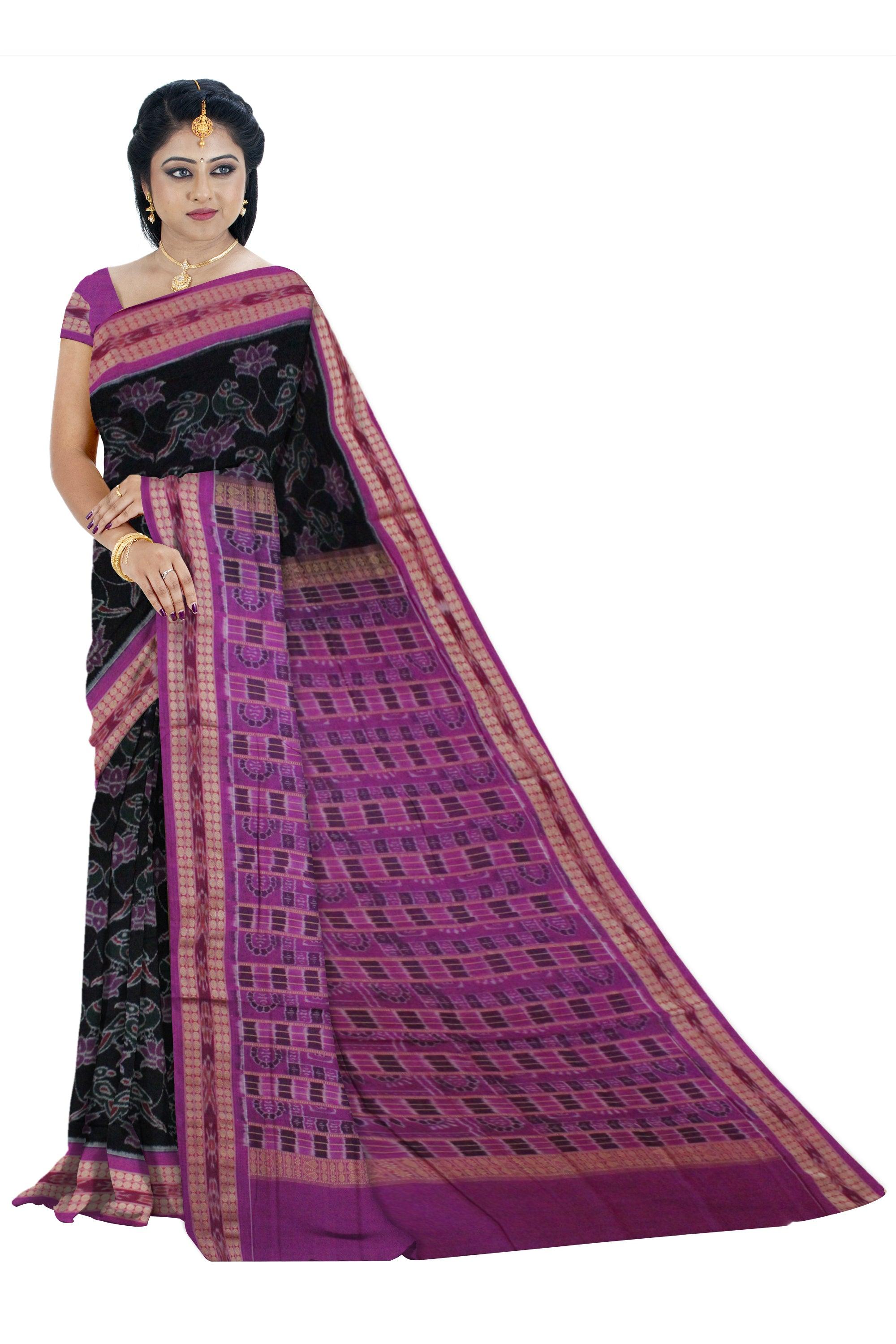 Lotus and Parrot  design Sambalpuri cotton saree  in  Black  color. - Koshali Arts & Crafts Enterprise