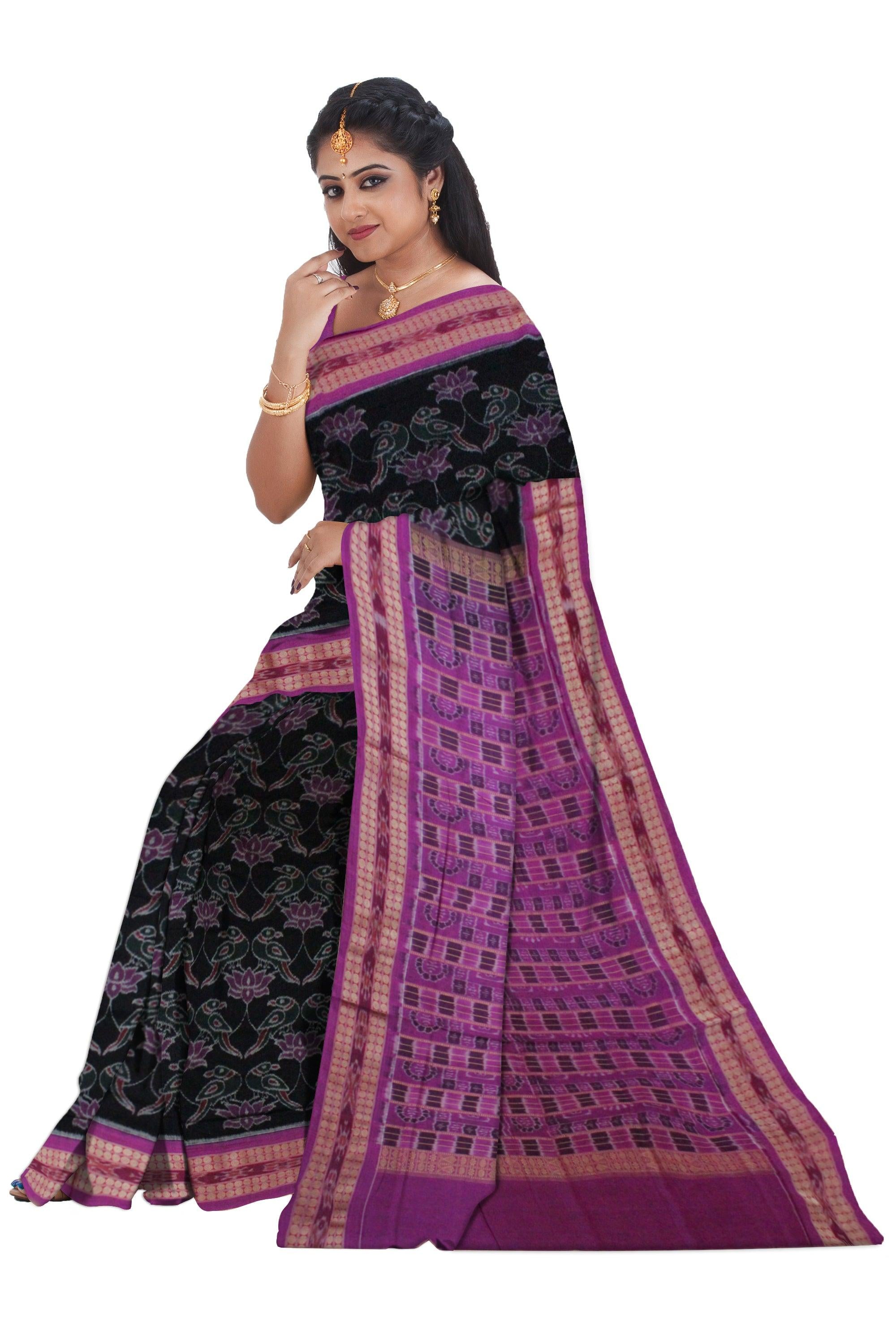 Lotus and Parrot  design Sambalpuri cotton saree  in  Black  color. - Koshali Arts & Crafts Enterprise