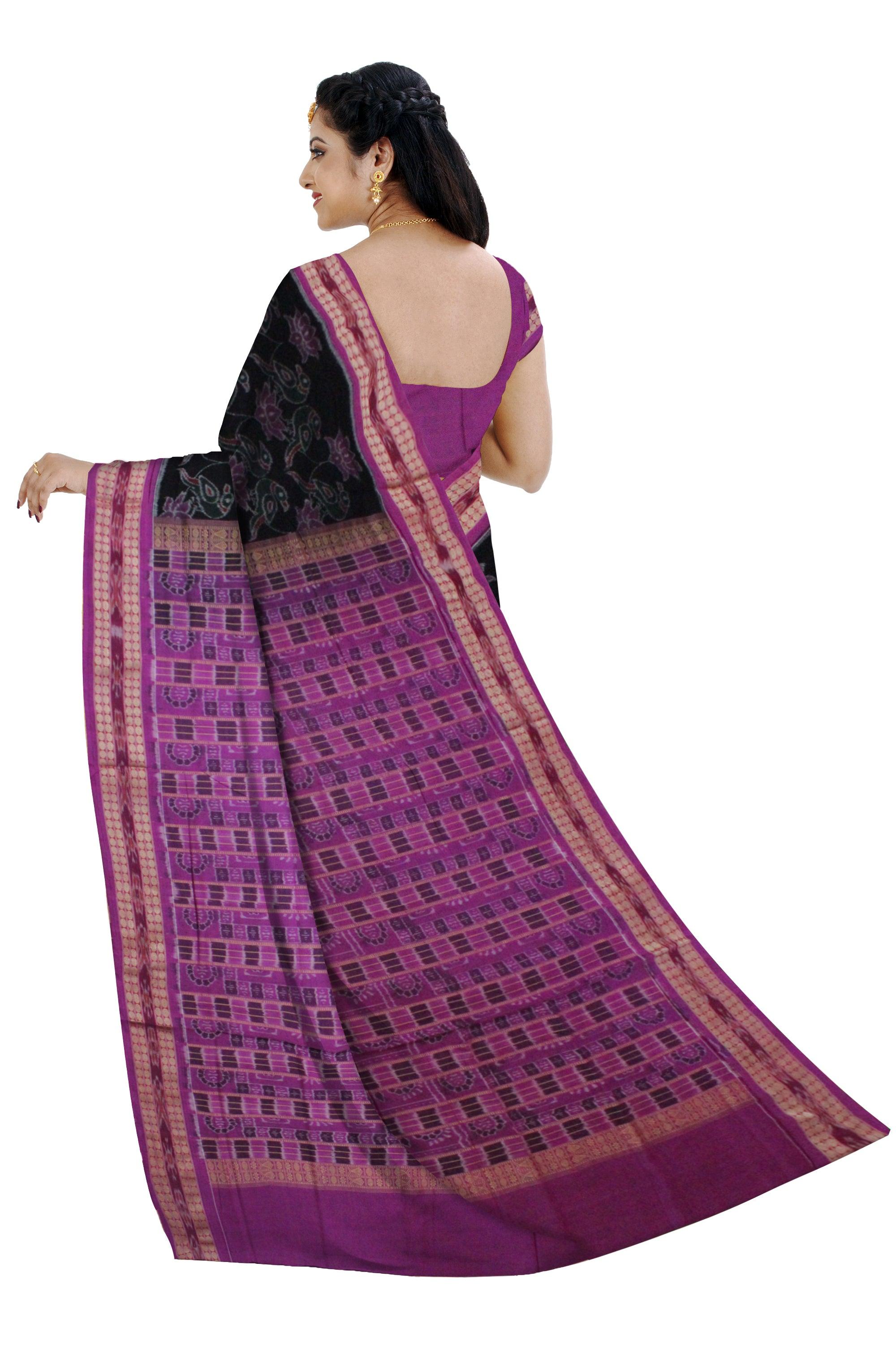 Lotus and Parrot  design Sambalpuri cotton saree  in  Black  color. - Koshali Arts & Crafts Enterprise