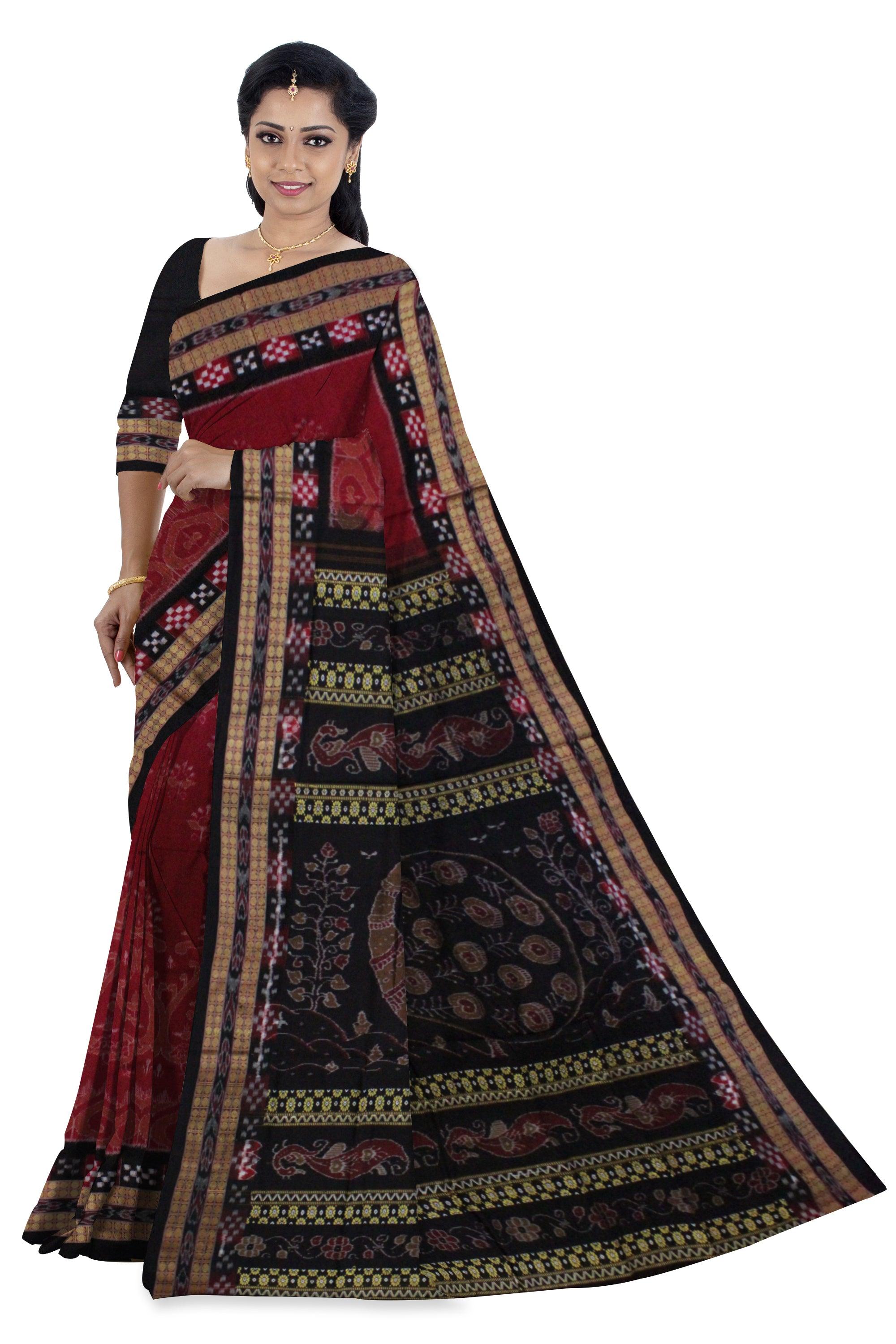 Pasapali design ,Peacock and Flower Pattern Sambaluri cotton saree in Maroon color - Koshali Arts & Crafts Enterprise