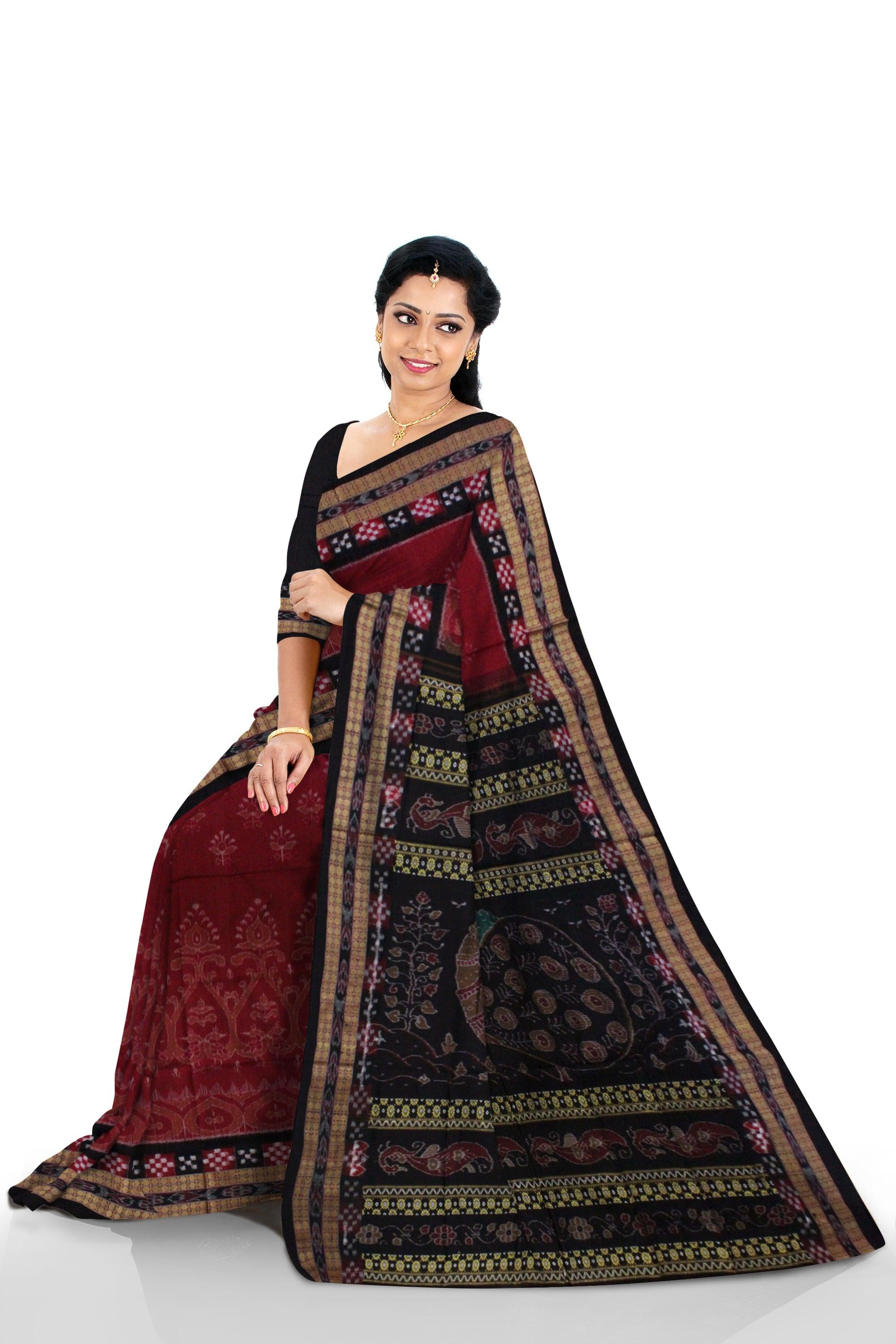 Pasapali design ,Peacock and Flower Pattern Sambaluri cotton saree in Maroon color - Koshali Arts & Crafts Enterprise