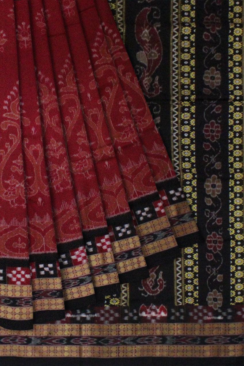 Pasapali design ,Peacock and Flower Pattern Sambaluri cotton saree in Maroon color - Koshali Arts & Crafts Enterprise
