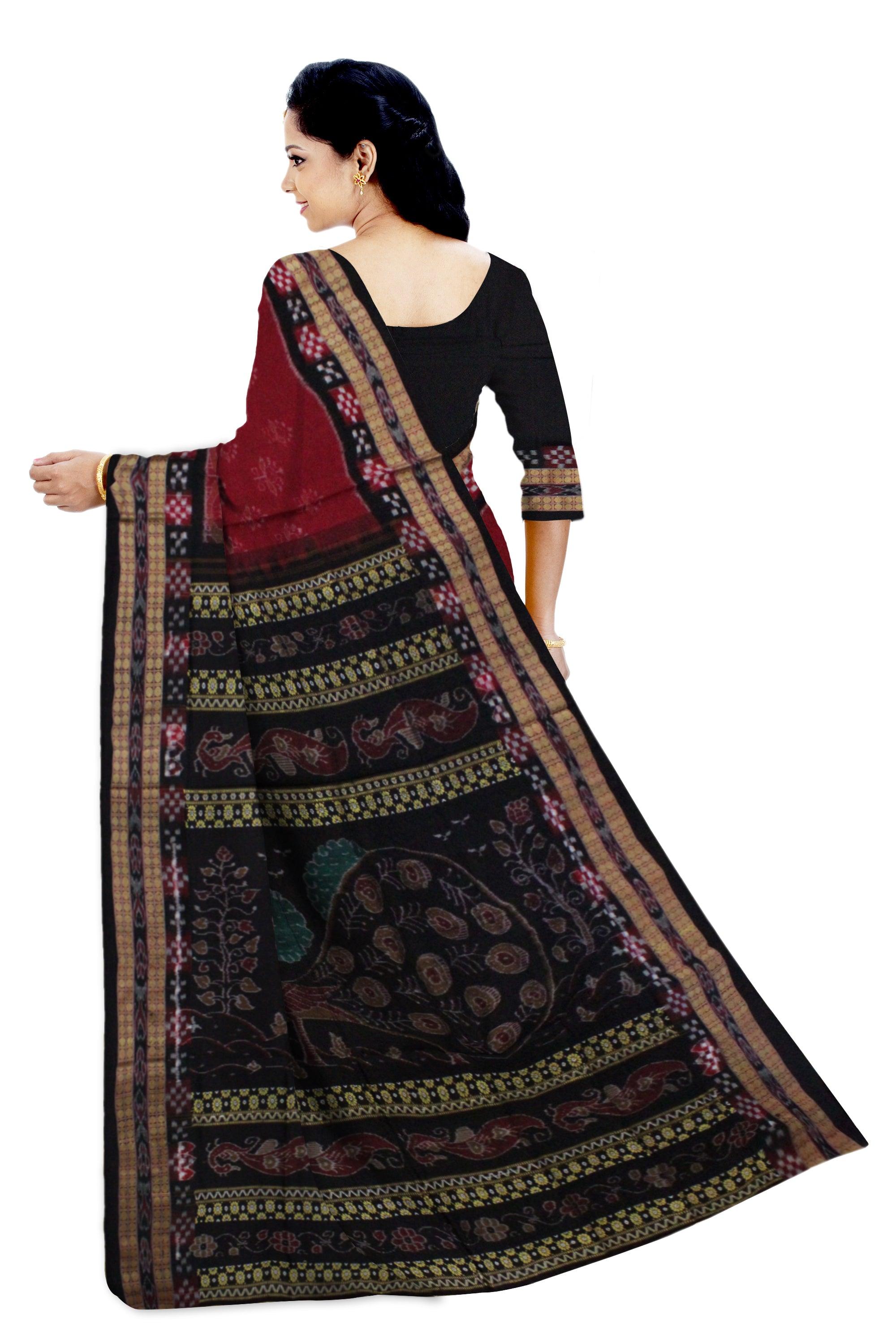 Pasapali design ,Peacock and Flower Pattern Sambaluri cotton saree in Maroon color - Koshali Arts & Crafts Enterprise