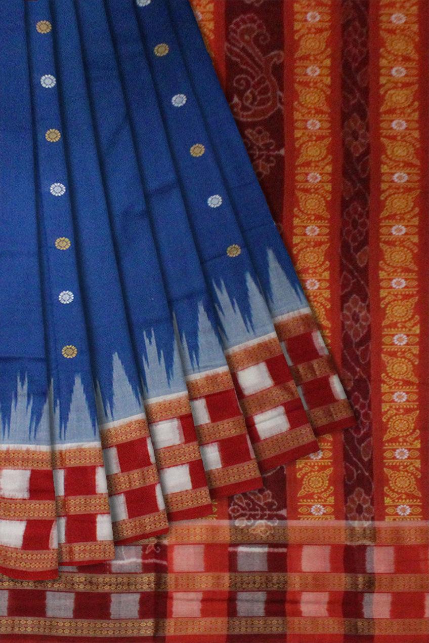 Bright Navy Blue Colour Samblapuri cotton saree in Dhadi milan design. - Koshali Arts & Crafts Enterprise
