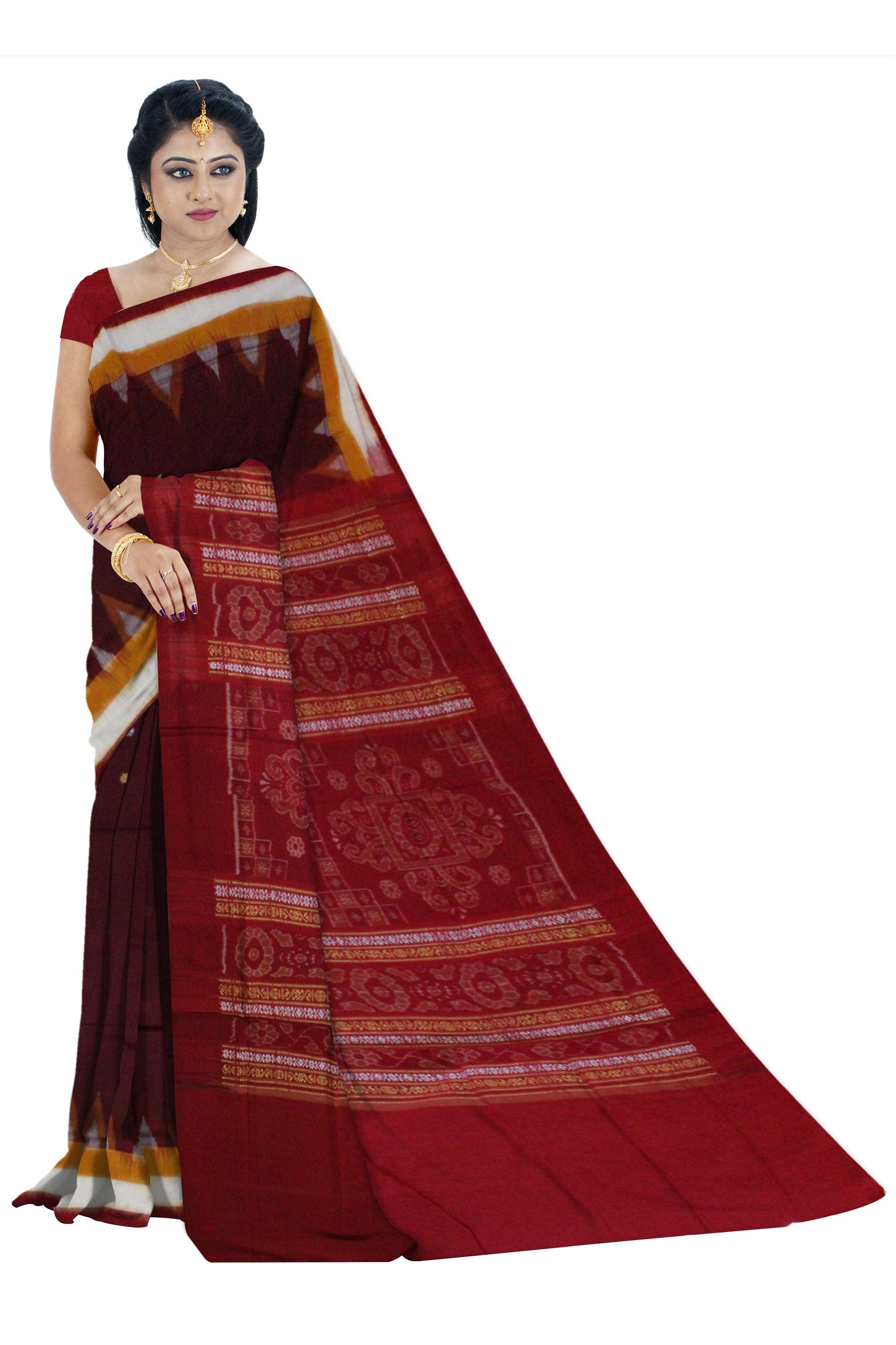 Dark Maroon Colour Booty Pattern Samblapuri cotton saree in Bomkai design. - Koshali Arts & Crafts Enterprise