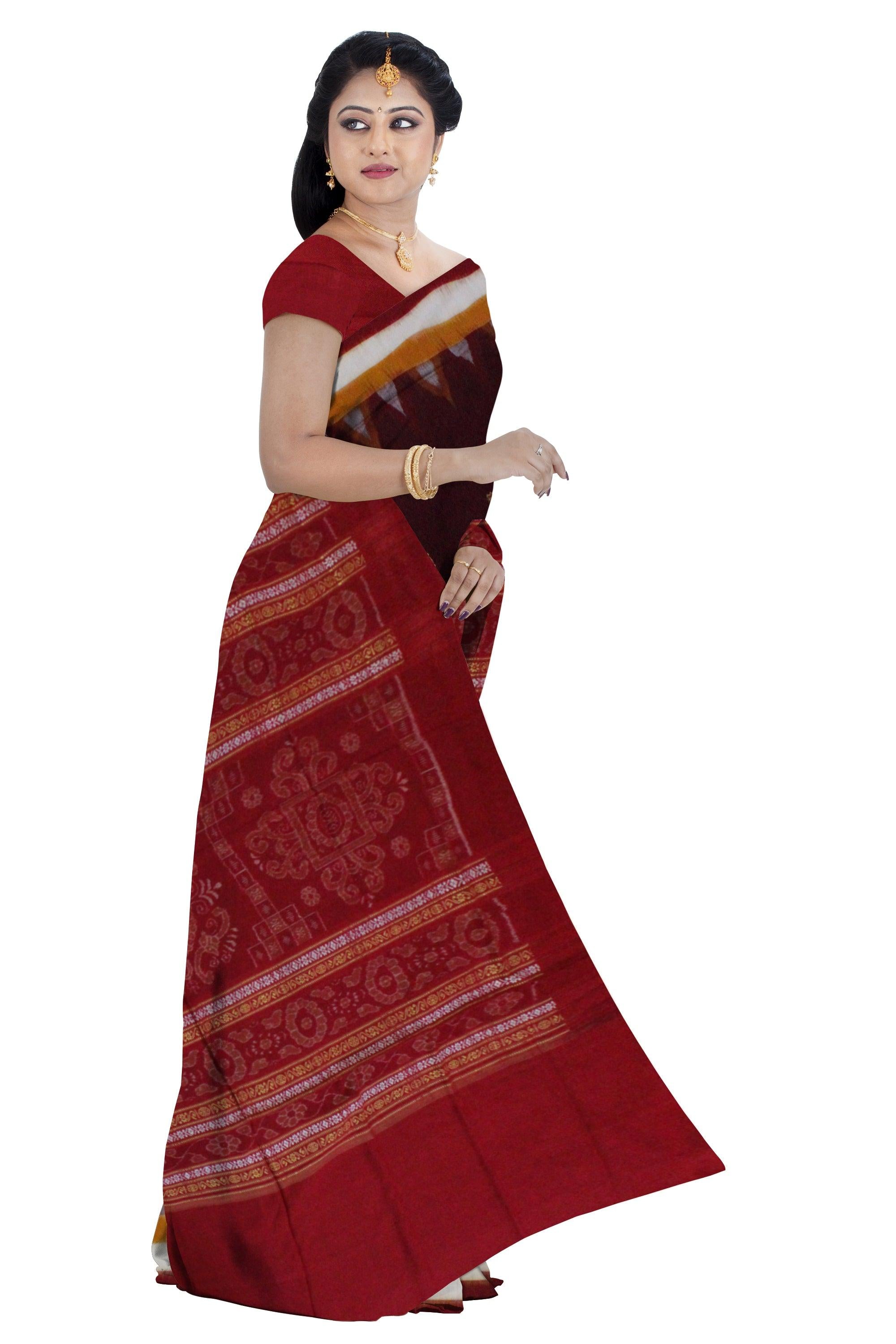Dark Maroon Colour Booty Pattern Samblapuri cotton saree in Bomkai design. - Koshali Arts & Crafts Enterprise