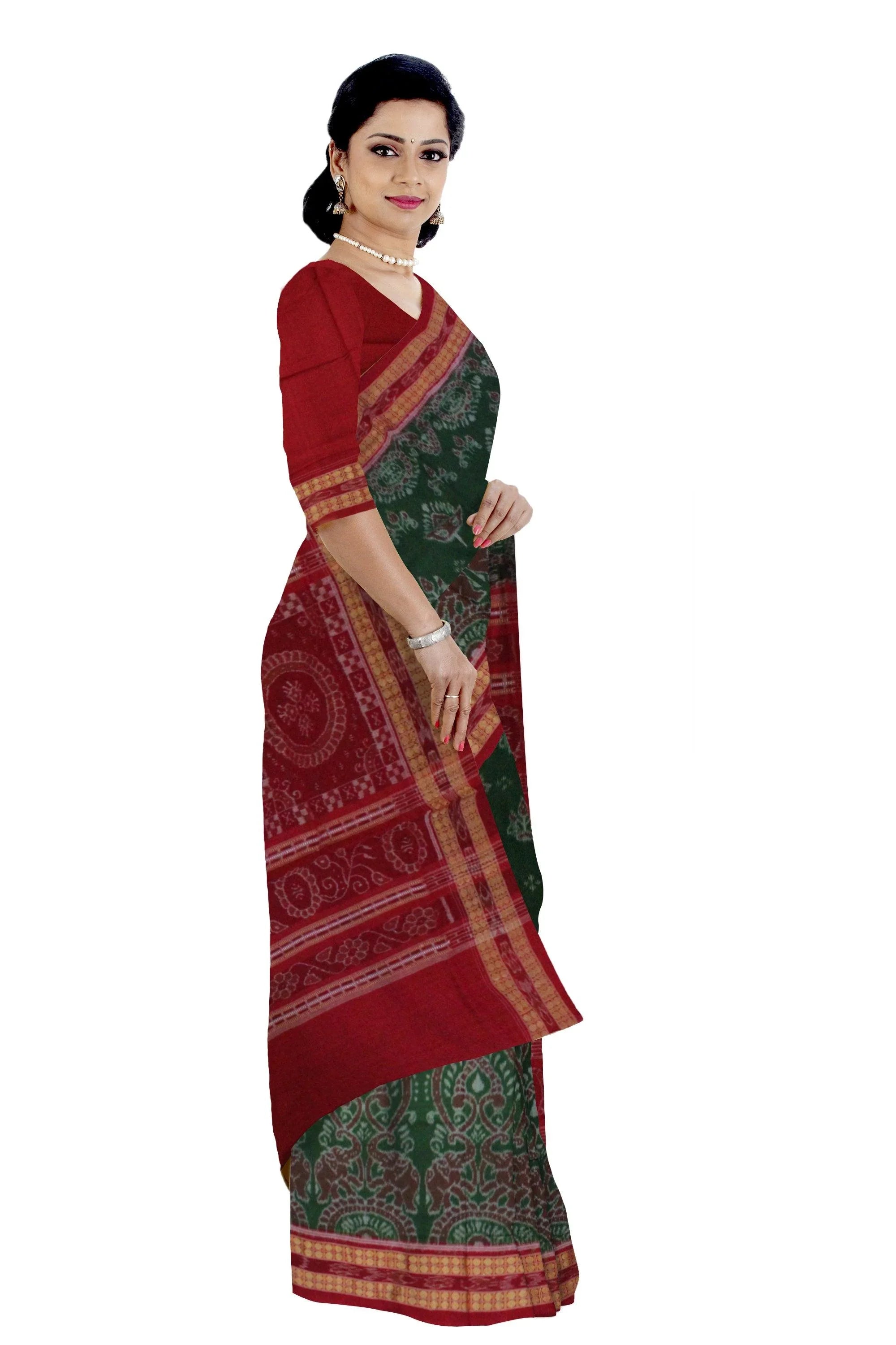 Sambalpuri Cotton Saree in traditional ikat design in body in Green Colour - Koshali Arts & Crafts Enterprise