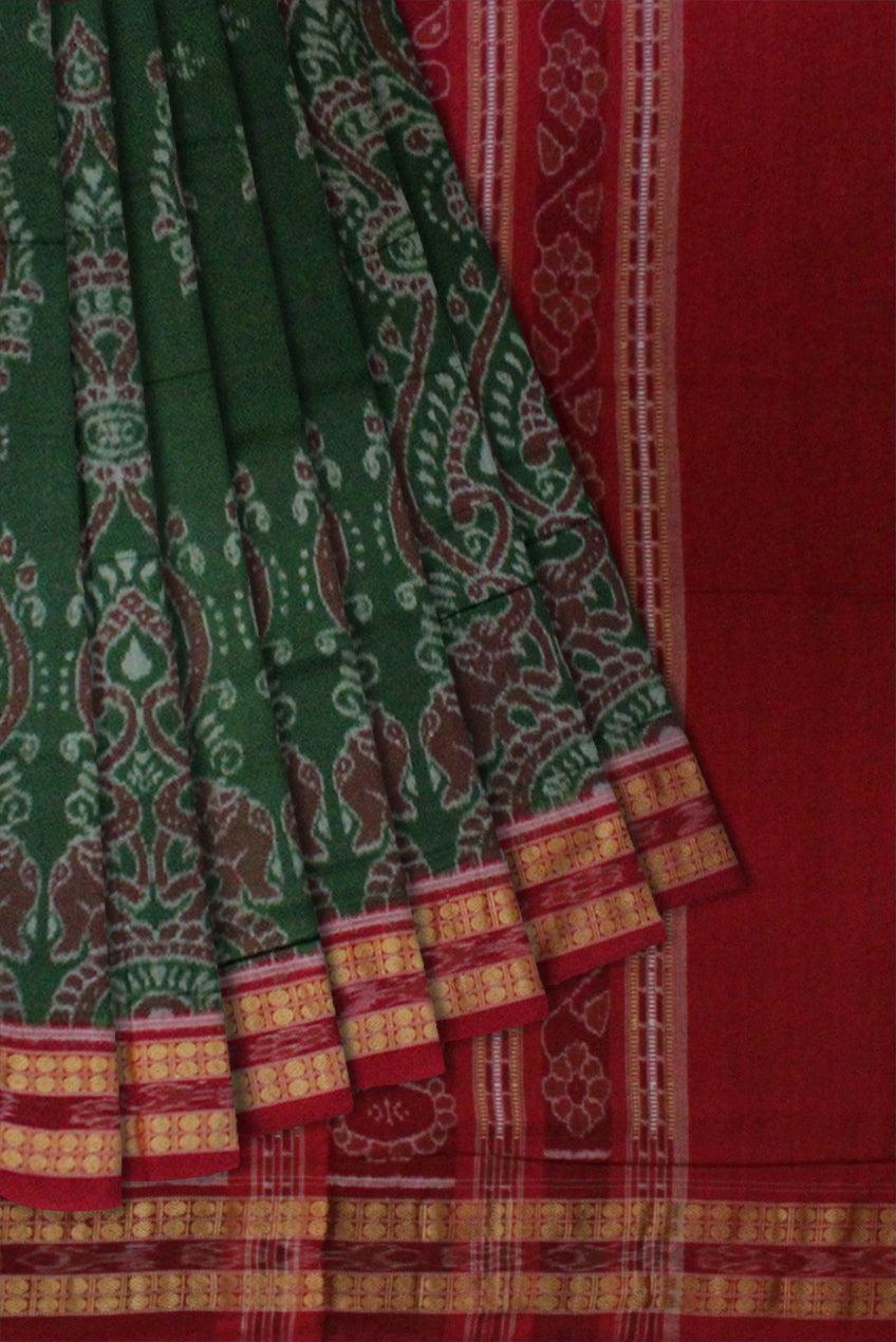 Sambalpuri Cotton Saree in traditional ikat design in body in Green Colour - Koshali Arts & Crafts Enterprise
