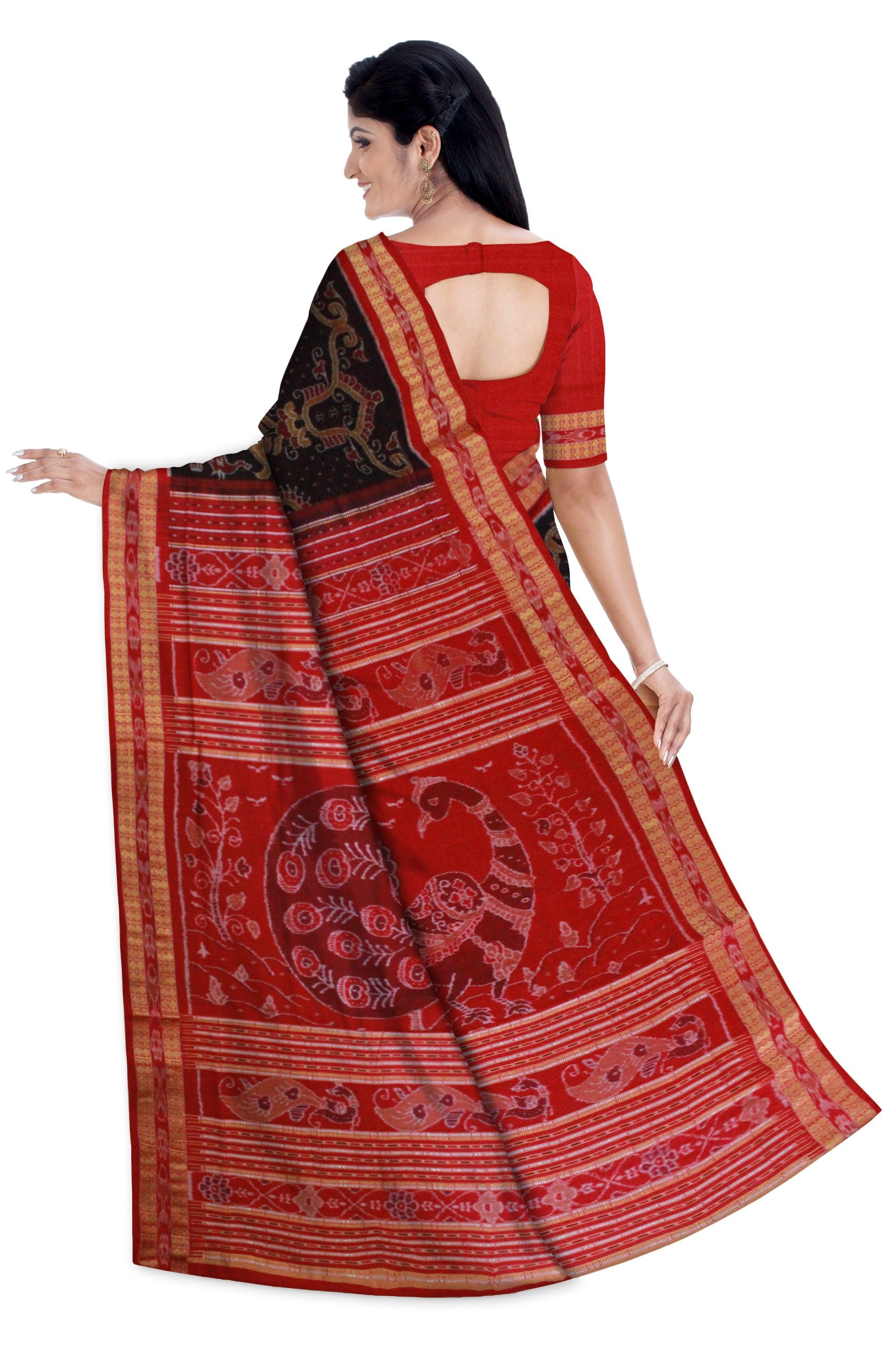 Sambalpuri Cotton Saree in  Elephant, Horse and Lotus design in body in Coffee Colour - Koshali Arts & Crafts Enterprise