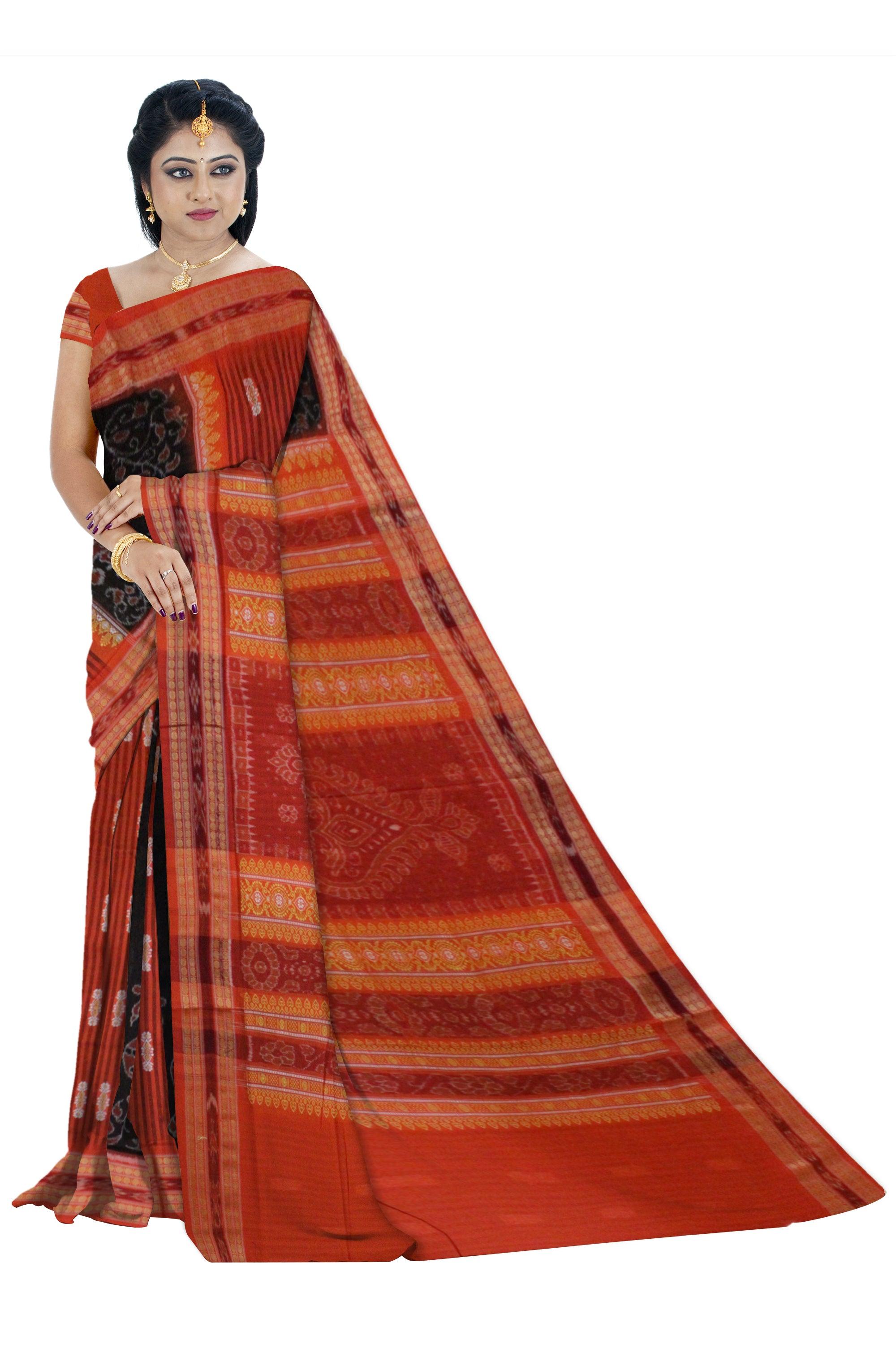 Sambalpuri Cotton Saree in  Mayurika and Booty design in body in Black and Orange Colour - Koshali Arts & Crafts Enterprise