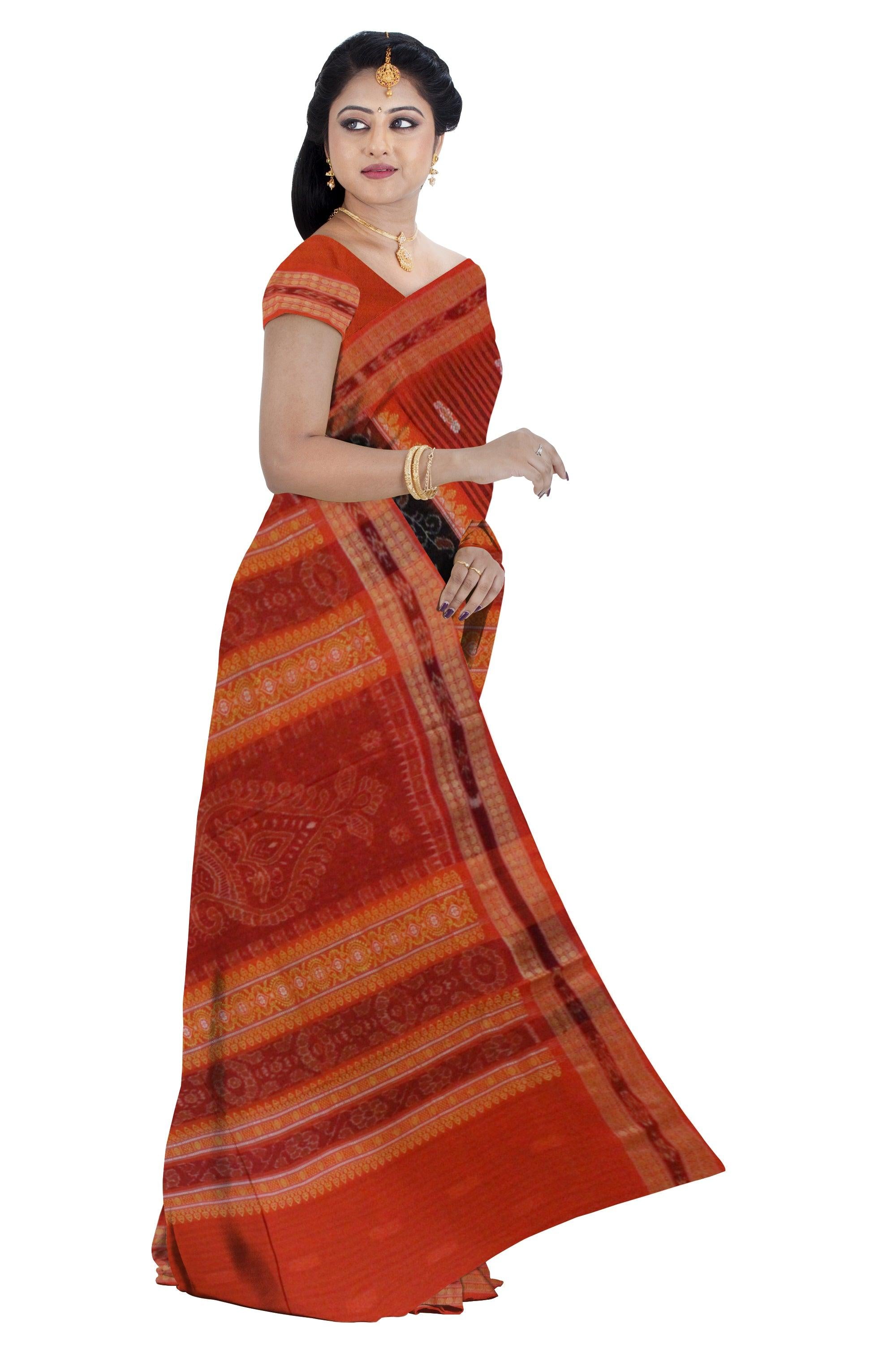 Sambalpuri Cotton Saree in  Mayurika and Booty design in body in Black and Orange Colour - Koshali Arts & Crafts Enterprise