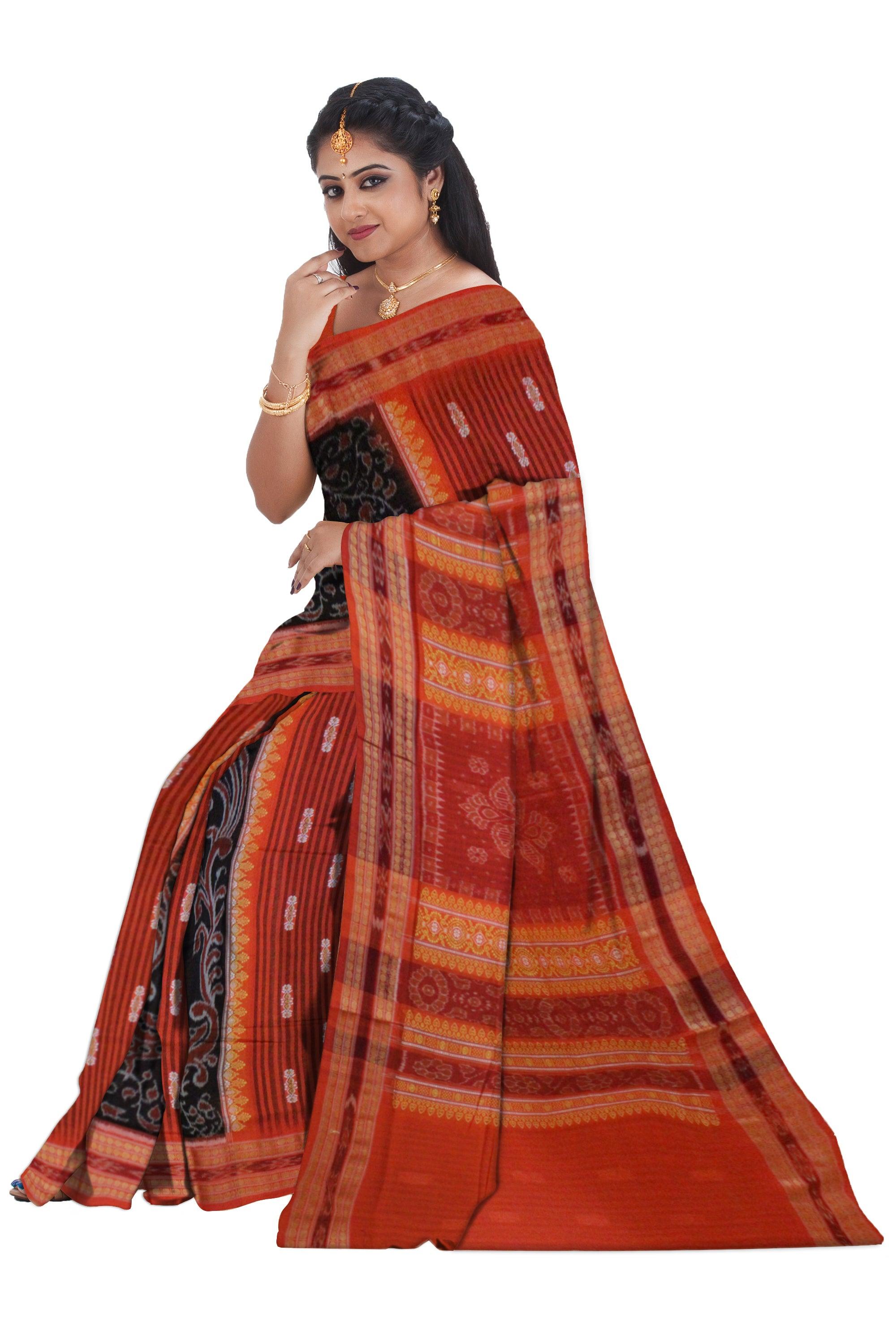 Sambalpuri Cotton Saree in  Mayurika and Booty design in body in Black and Orange Colour - Koshali Arts & Crafts Enterprise