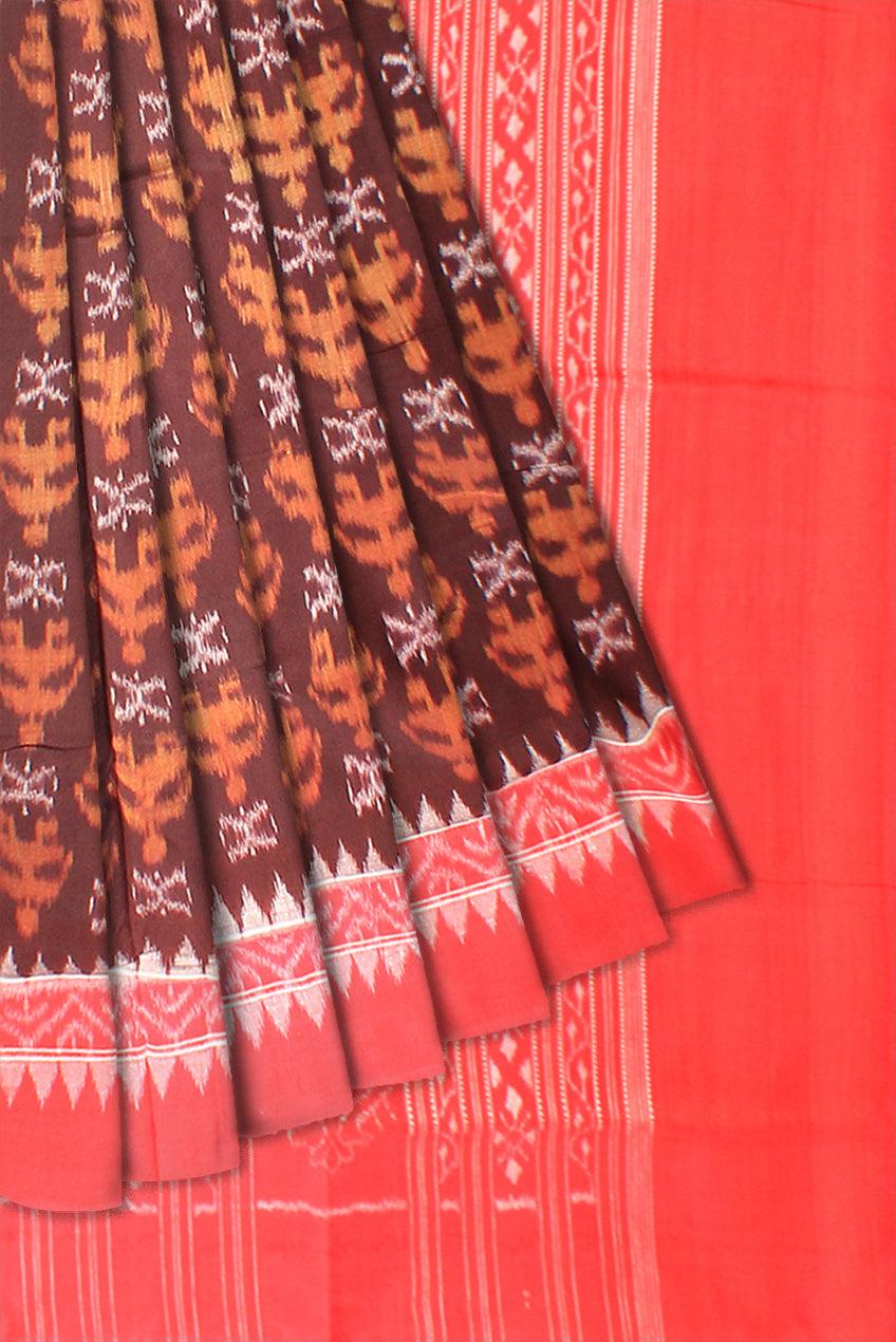 Sambalpuri Cotton Saree in  leaves pattern in body in  brown and red Color. - Koshali Arts & Crafts Enterprise