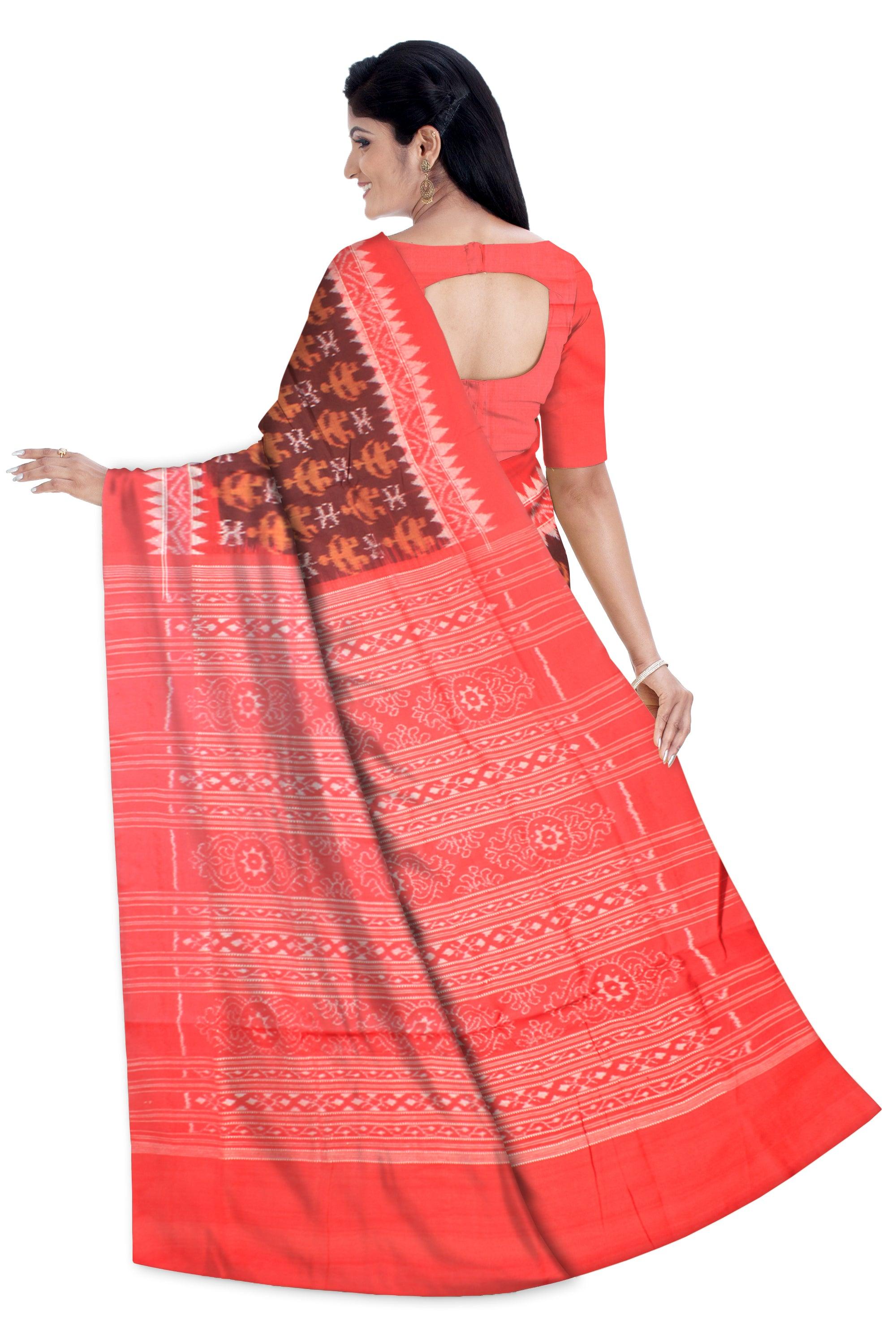 Sambalpuri Cotton Saree in  leaves pattern in body in  brown and red Color. - Koshali Arts & Crafts Enterprise