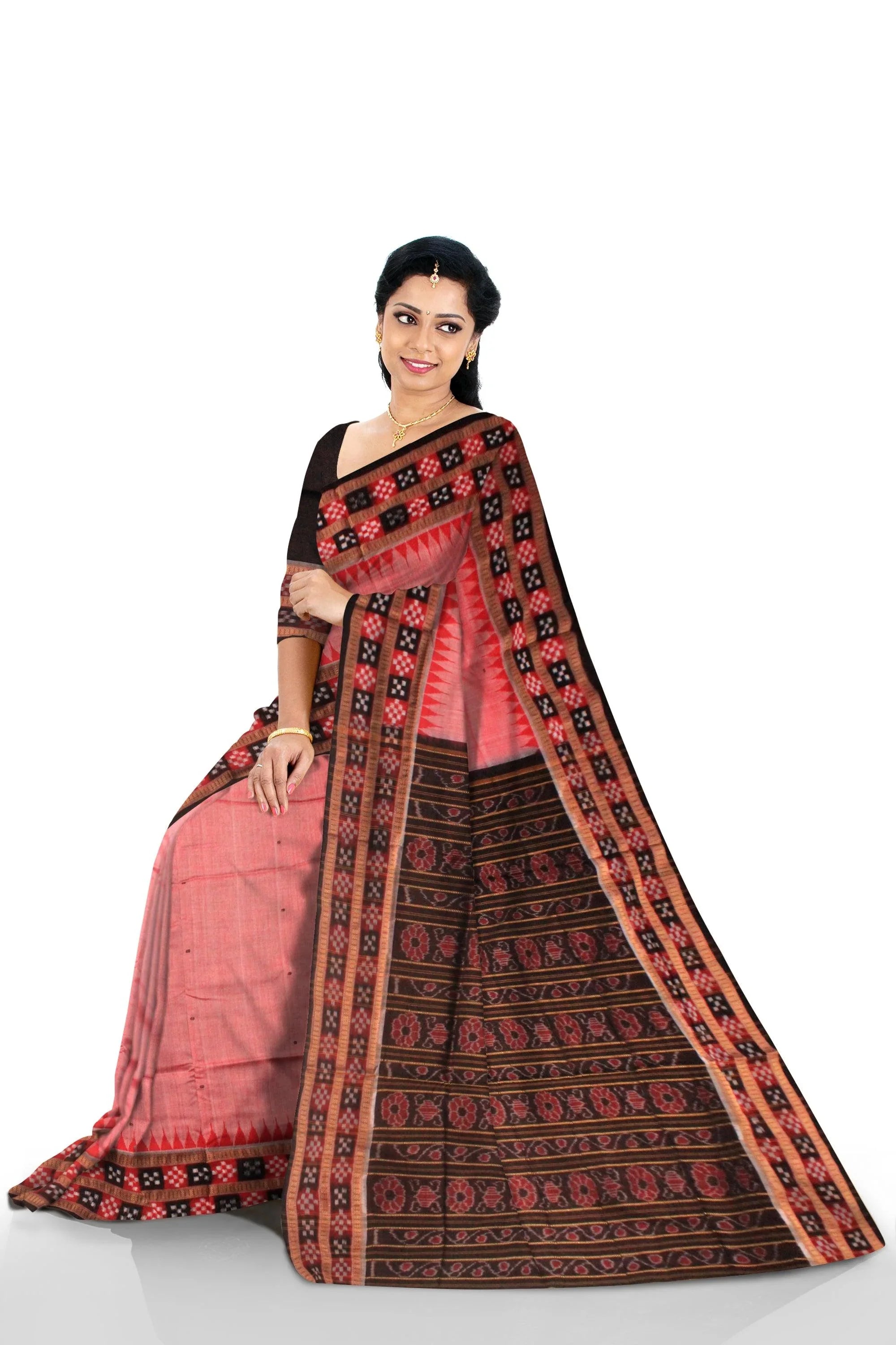 Dhadi sapta design light pink traditional ikat sambalpuri cotton saree. - Koshali Arts & Crafts Enterprise