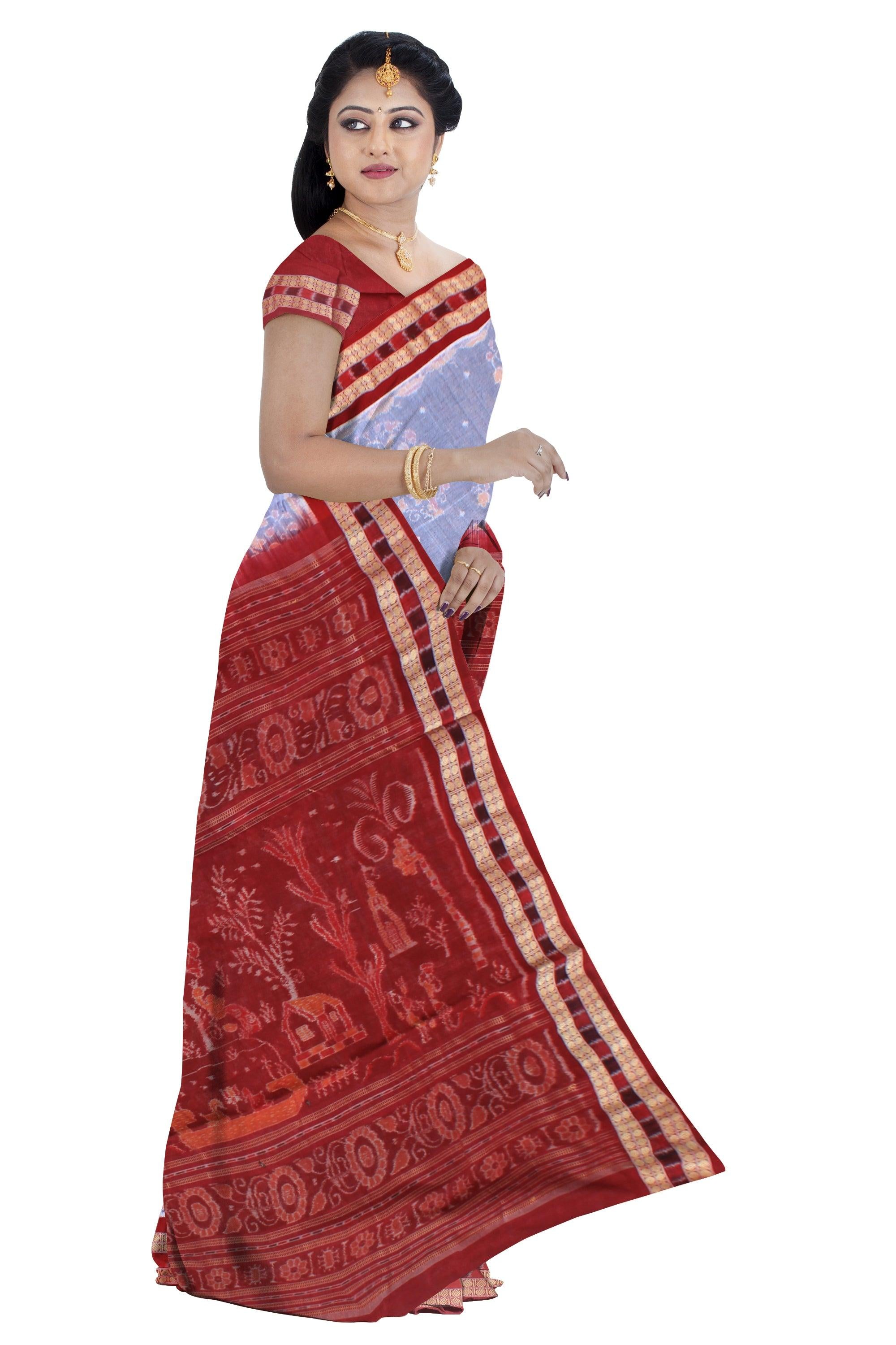 Authentic elephant design of cotton saree  in cement and maroon color  , with blouse piece. - Koshali Arts & Crafts Enterprise