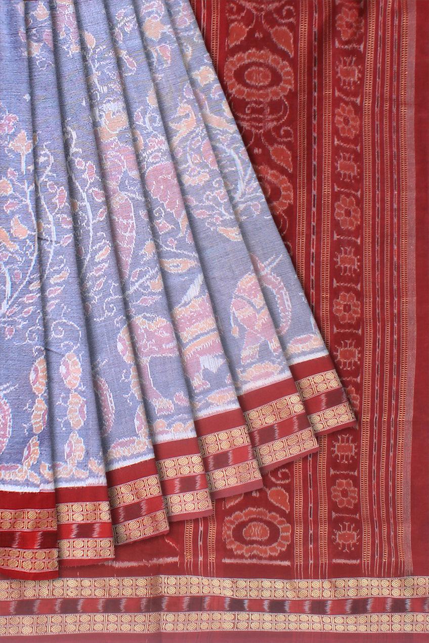 Authentic elephant design of cotton saree  in cement and maroon color  , with blouse piece. - Koshali Arts & Crafts Enterprise